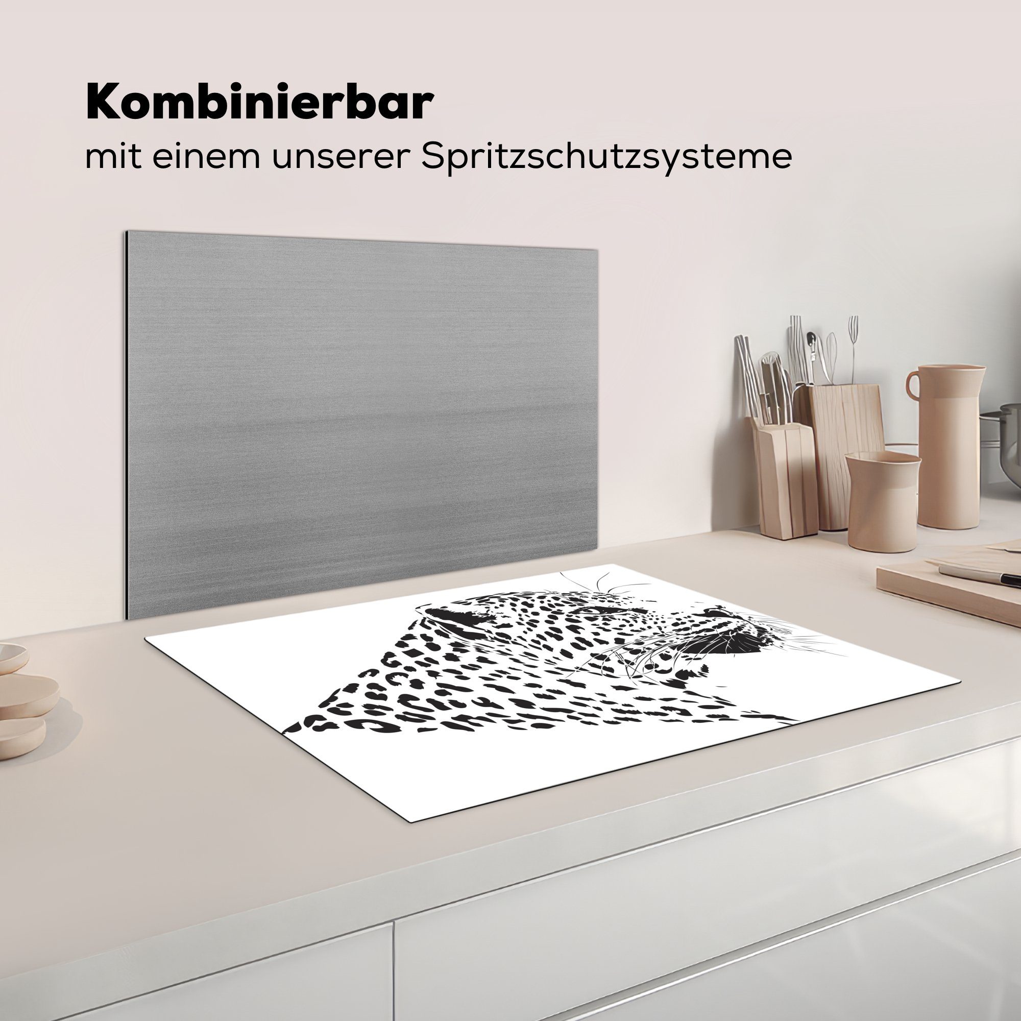 Illustration Eine Arbeitsfläche der Leoparden, Seite Vinyl, tlg), Herdblende-/Abdeckplatte cm, eines (1 nutzbar, Ceranfeldabdeckung 70x52 Mobile MuchoWow