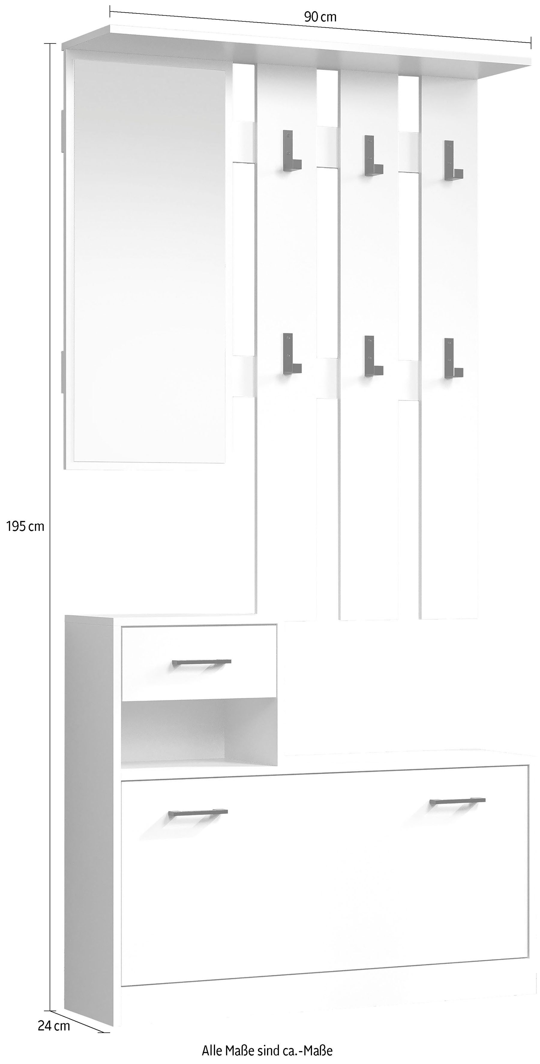 INOSIGN Garderoben-Set Basel, (Komplett-Set, 2-St), Schuhkipper mit Schuhkasten, Paneel mit Spiegel und Haken