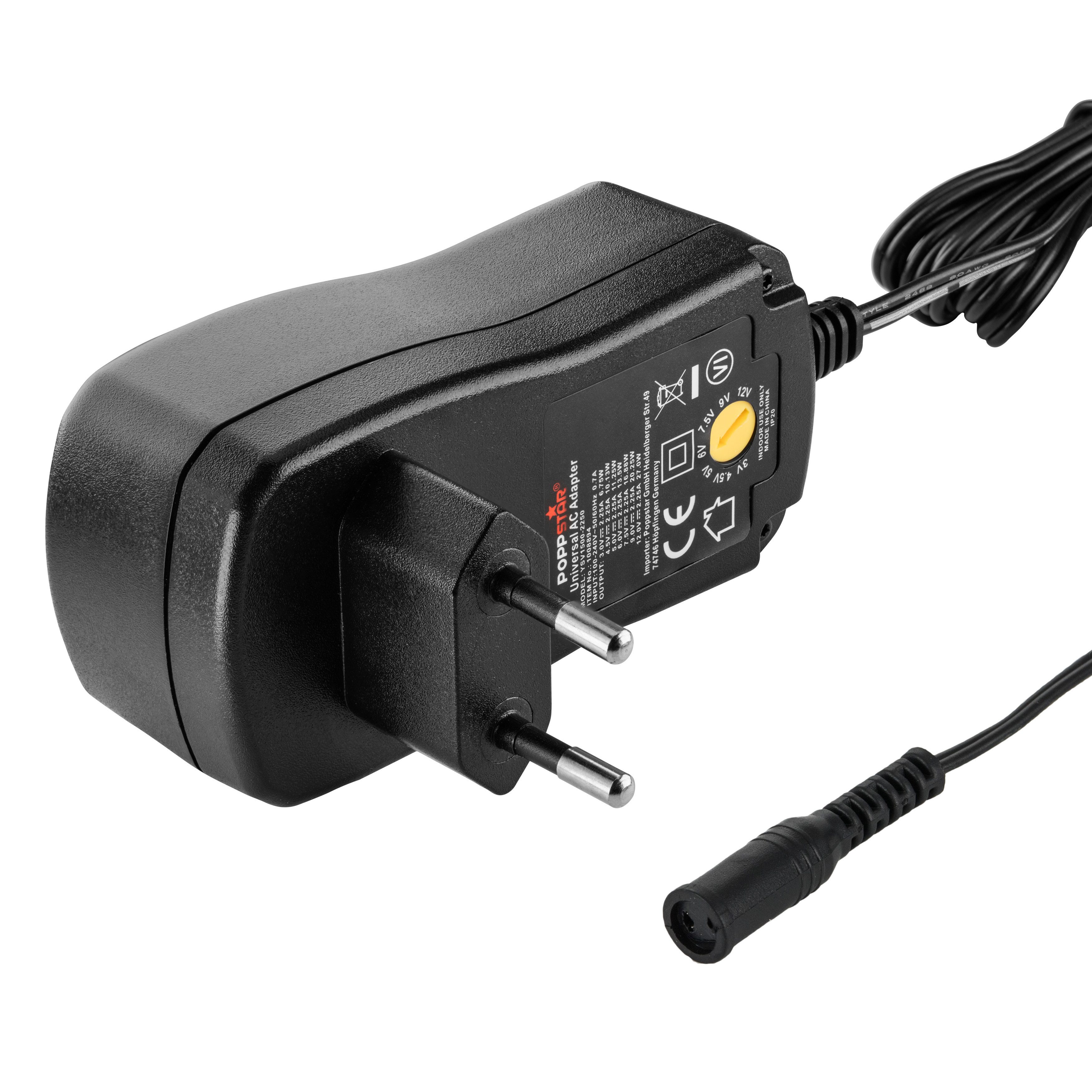 Poppstar Universal Schaltnetzteil 4,5V 5V 6V 7,5V 9V 10 V 12V - 2A Universal-Netzteil (2000mA Netzteil mit 6 Wechselsteckern und LED, 150cm)