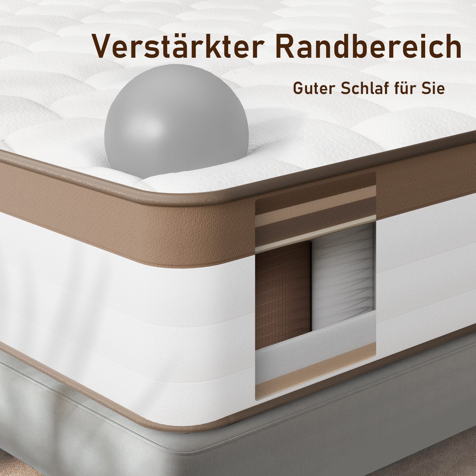 Taschenfederkernmatratze 25 cm Matratze H3-Mittelfest, 7 Zonen Ergonomische Federkernmatratze, Luvanza, 25 cm hoch, Oeko-TEX, Kaffee-Braune Einfassung, Antibakt – Bild 4 von 5