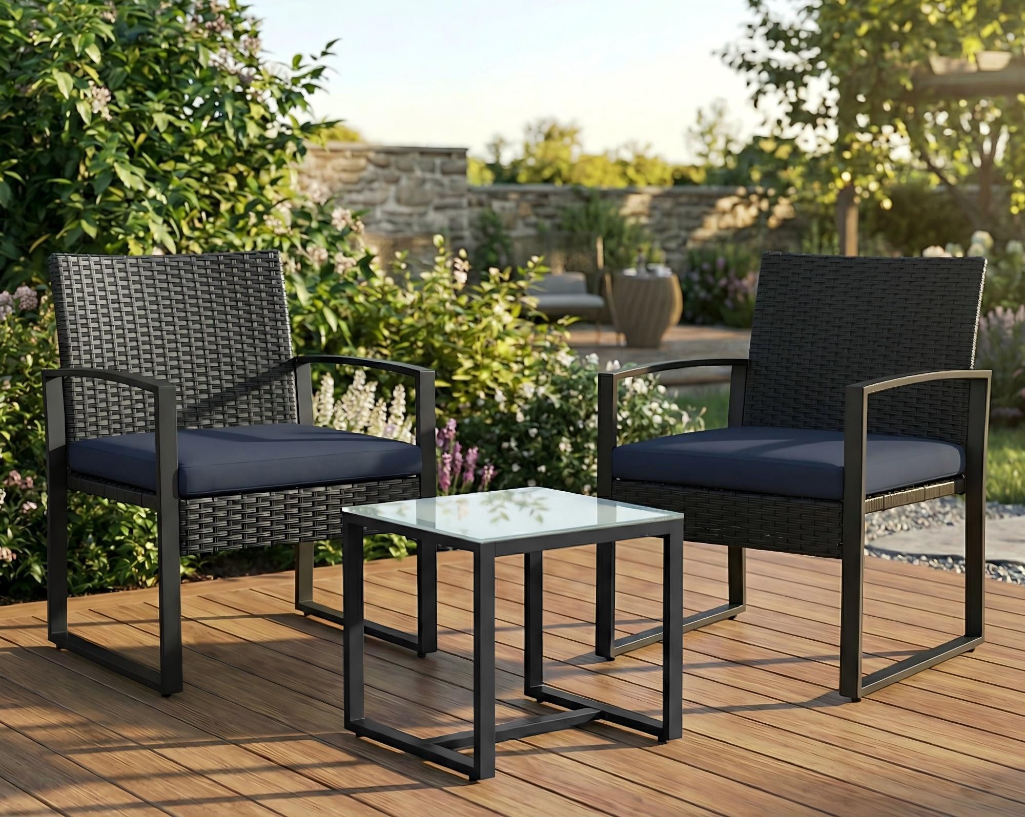 SONGMICS Balkonset Balkonmöbel, Gartenmöbel-Set, aus PE-Polyrattan, für Terrasse, Balkon, (3-tlg., 2 Stuhl, 1 Tisch, mit Kissen), Lounge-Set, Terrassenmöbel, einfache Montage