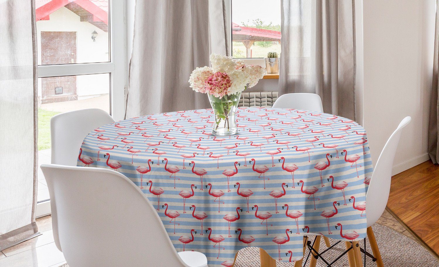 Abakuhaus Tischdecke Kreis Tischdecke Abdeckung für Esszimmer Küche Dekoration, Flamingo Vögel auf Marine-Streifen