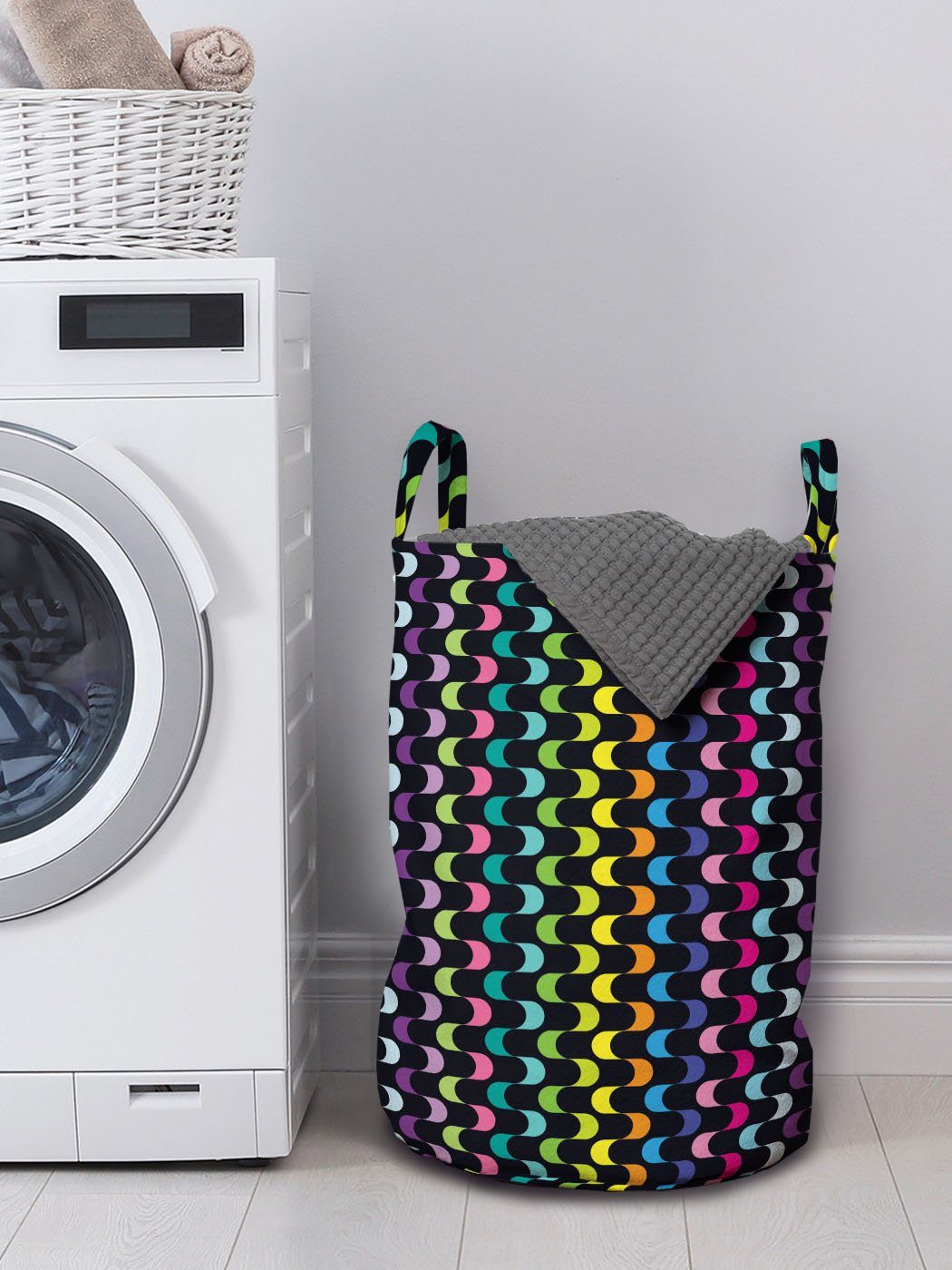 mit Kordelzugverschluss Streifen-Design Wäschesäckchen Wäschekorb Griffen Gebogene für Abakuhaus Waschsalons, Abstrakt