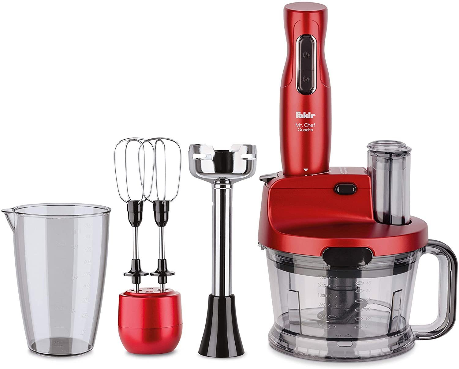 FAKIR Stabmixer Set Mr. Chef Quadro Handmixer Zerkleinerer Rührstab Mixer rot, Pürierstab, Zauberstab