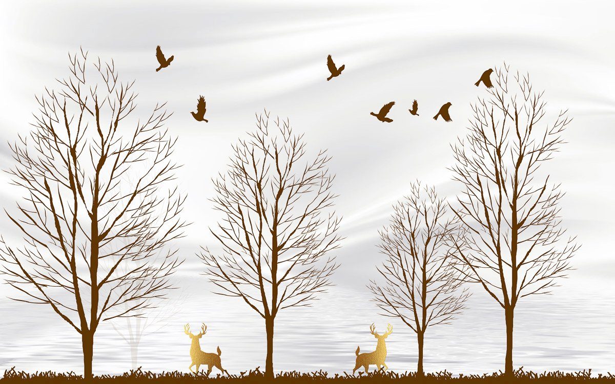 Papermoon Fototapete Bäume mit Hirschen und Vögeln