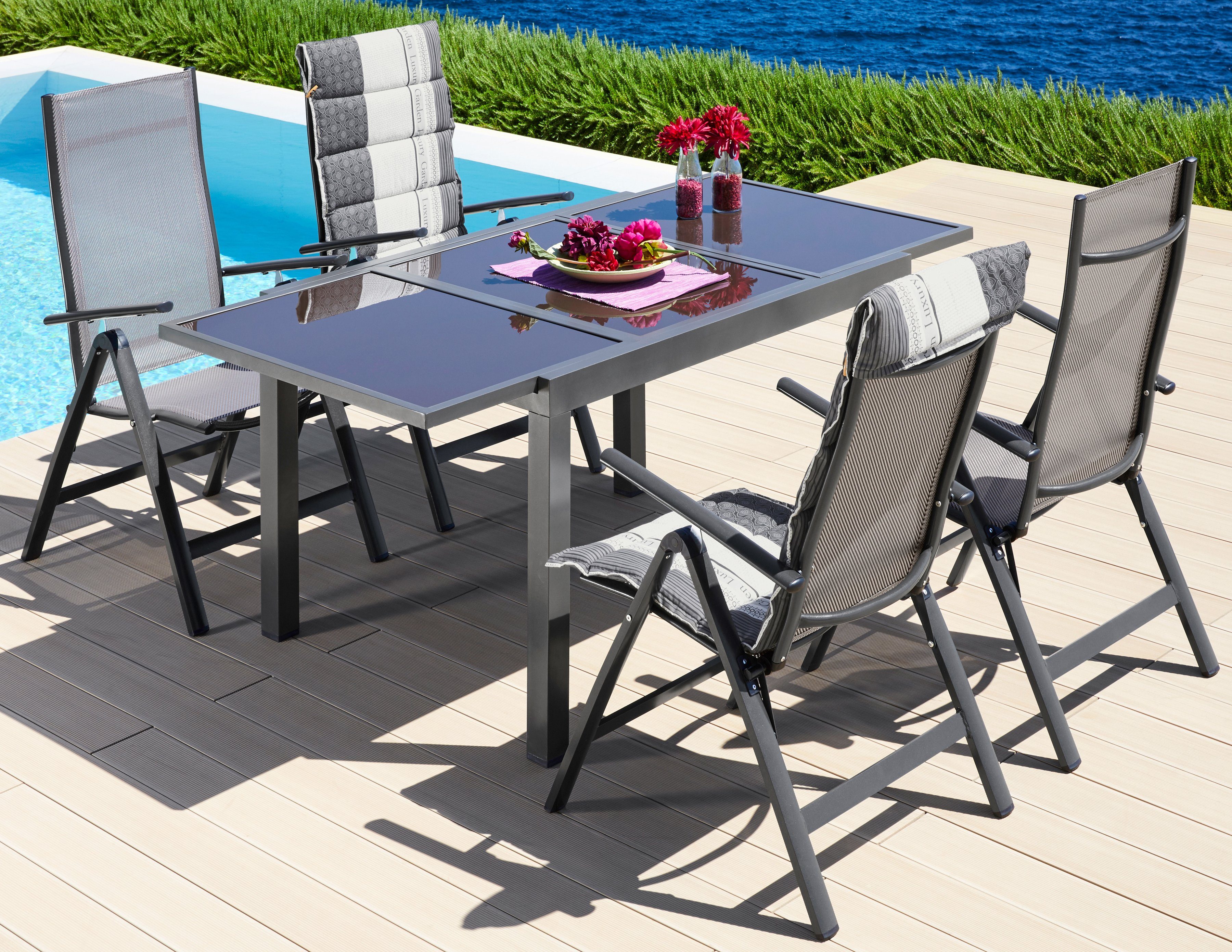 MERXX Garten-Essgruppe Amalfi, mit 4 Stühlen und ausziehbarem Tisch (120 - 180  cm)