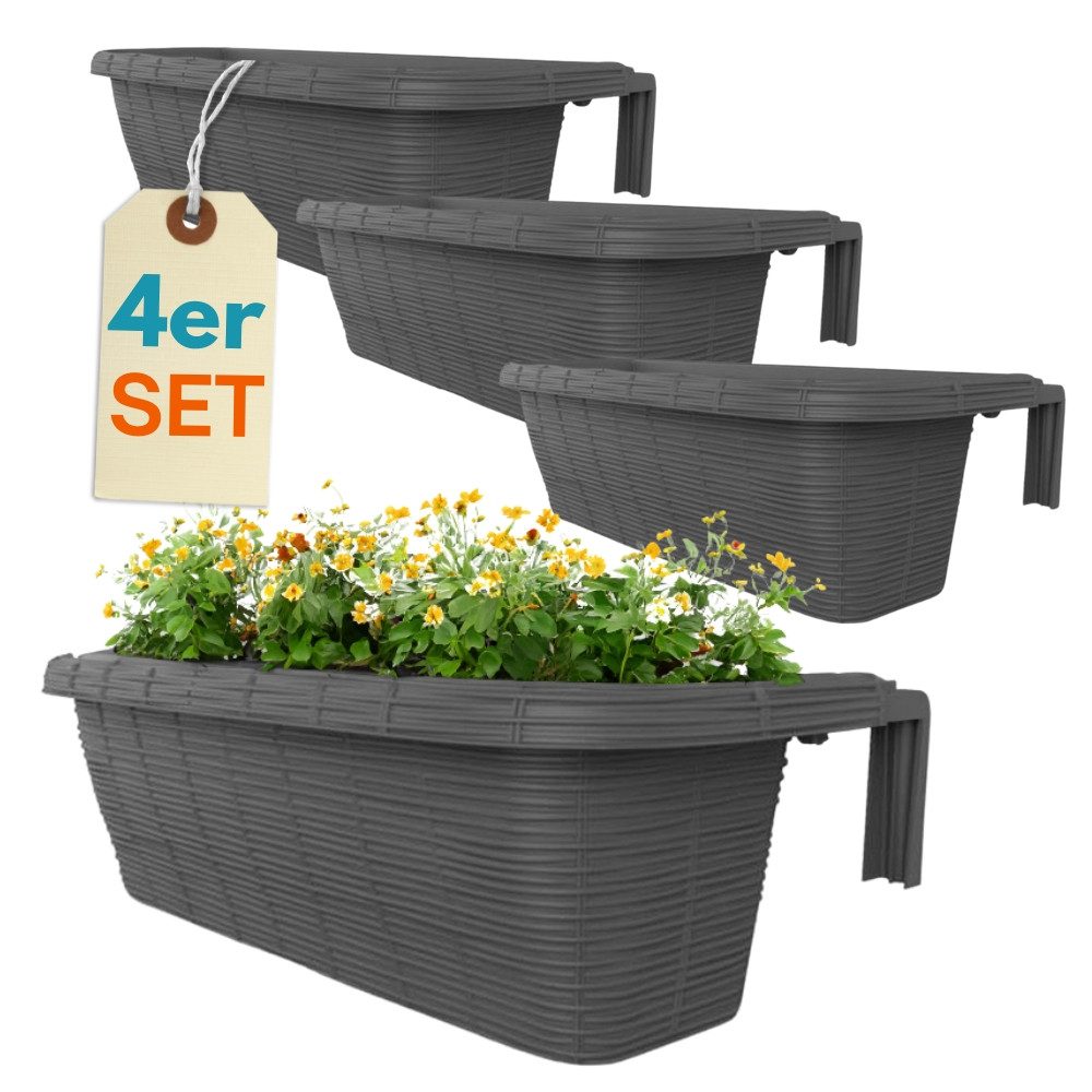 GarPet Balkonkasten 4er Set Blumen Kasten Balkon Geländer Wasserspeicher Rattan Anthrazit