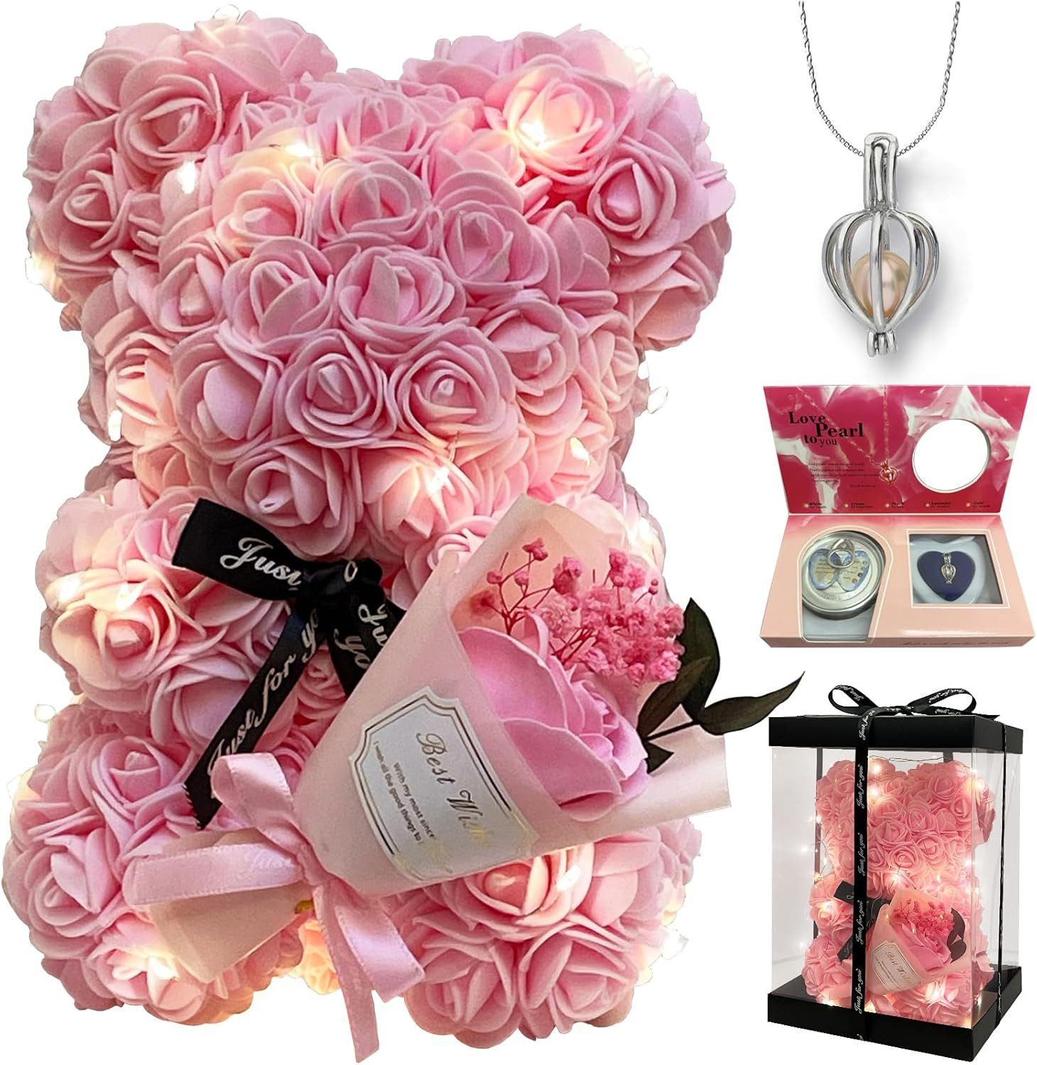 Kunstblumenstrauß Romantischer Rosen-Teddybär Geschenkset mit LED-Licht und einer Halskette aus echten Süßwasserperlen, Valentinstagsgeschenk für Ihre Freundin, Ehefrau, Mutter und andere Frauen, Vivitar, Rosenbär mit Perlen-Überraschungsbox (Blindbox-Perlen-Set)