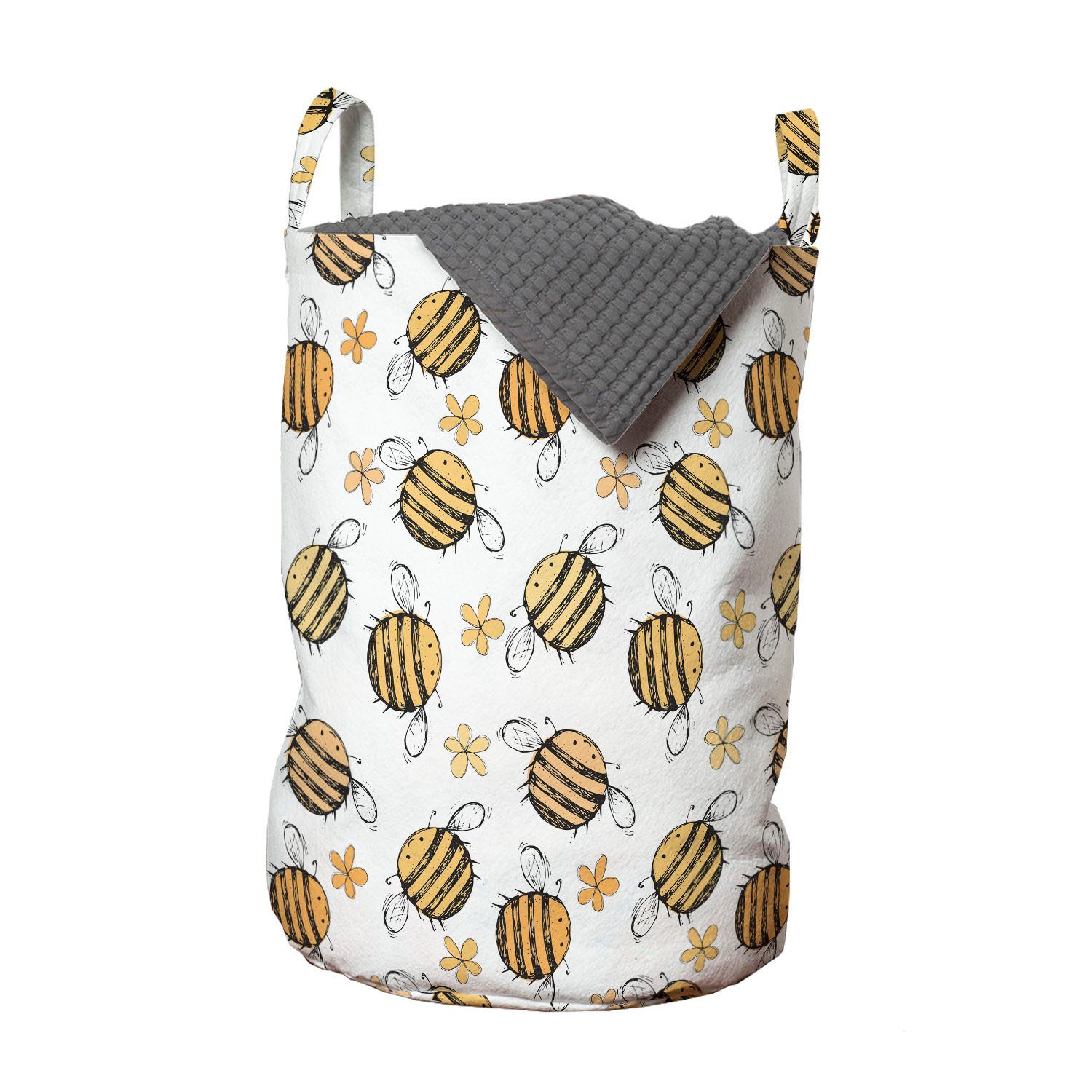 Abakuhaus Wäschesäckchen Wäschekorb mit Griffen Kordelzugverschluss für Waschsalons, Honey Bee Hand gezeichnete Blumen Bienen