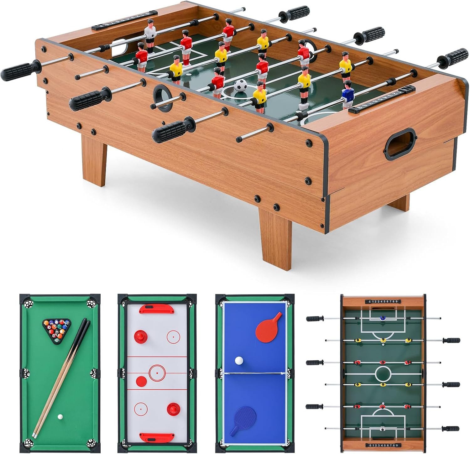 COSTWAY Mini-Tischkicker 4 in 1 Spieltisch, Tischkicker & Billard & Air Hockey & Tischtennis, Tischfußball für Spielzimmer, Bars