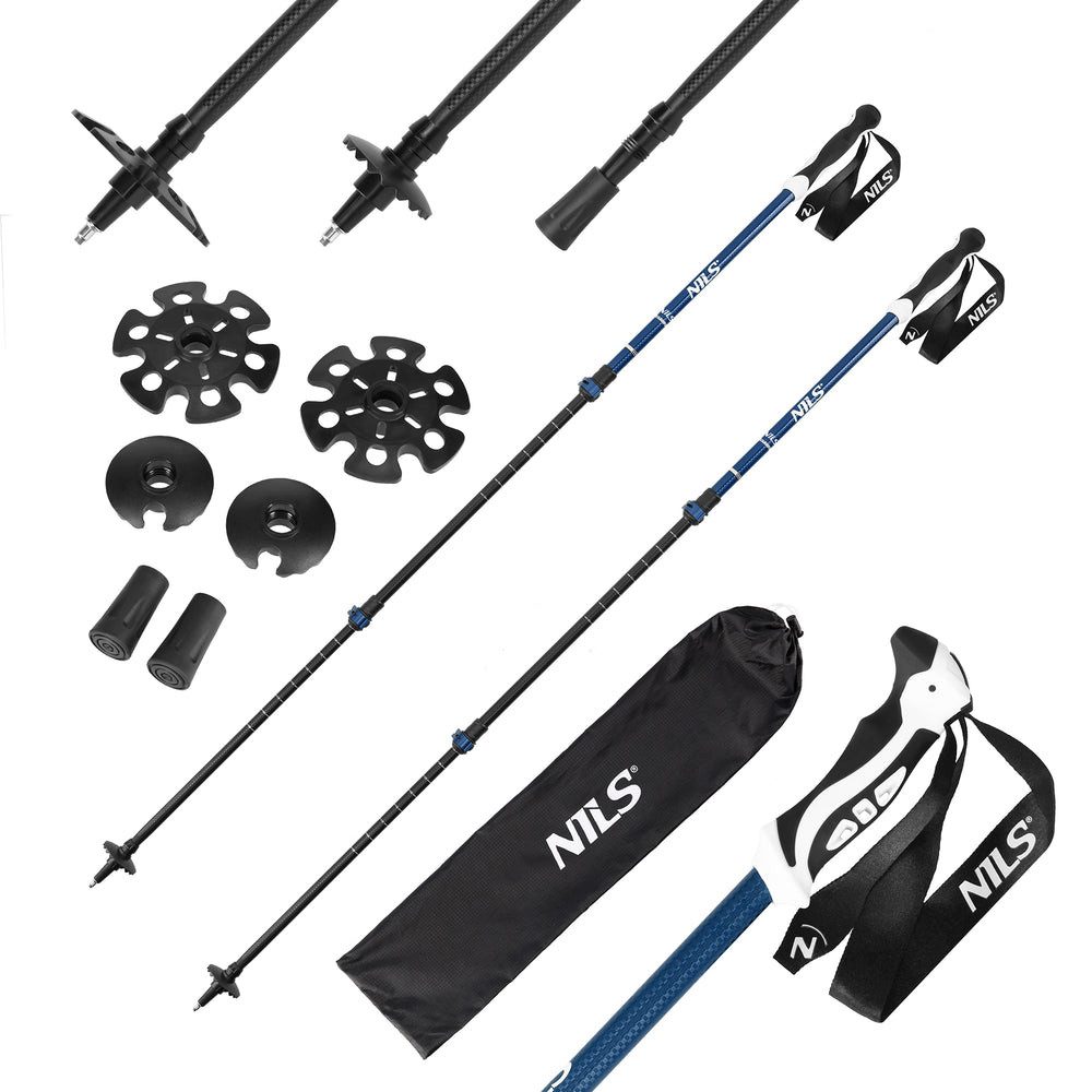Nils Trekking-Stöcke Wanderstöcke Nordic-Walking-Stöcke Teleskopstöcke (Spar-Set, 2 St., 65 - 135 cm, leicht), Klemmverschluss, Aluminium 6061, Schneeteller, Tasche