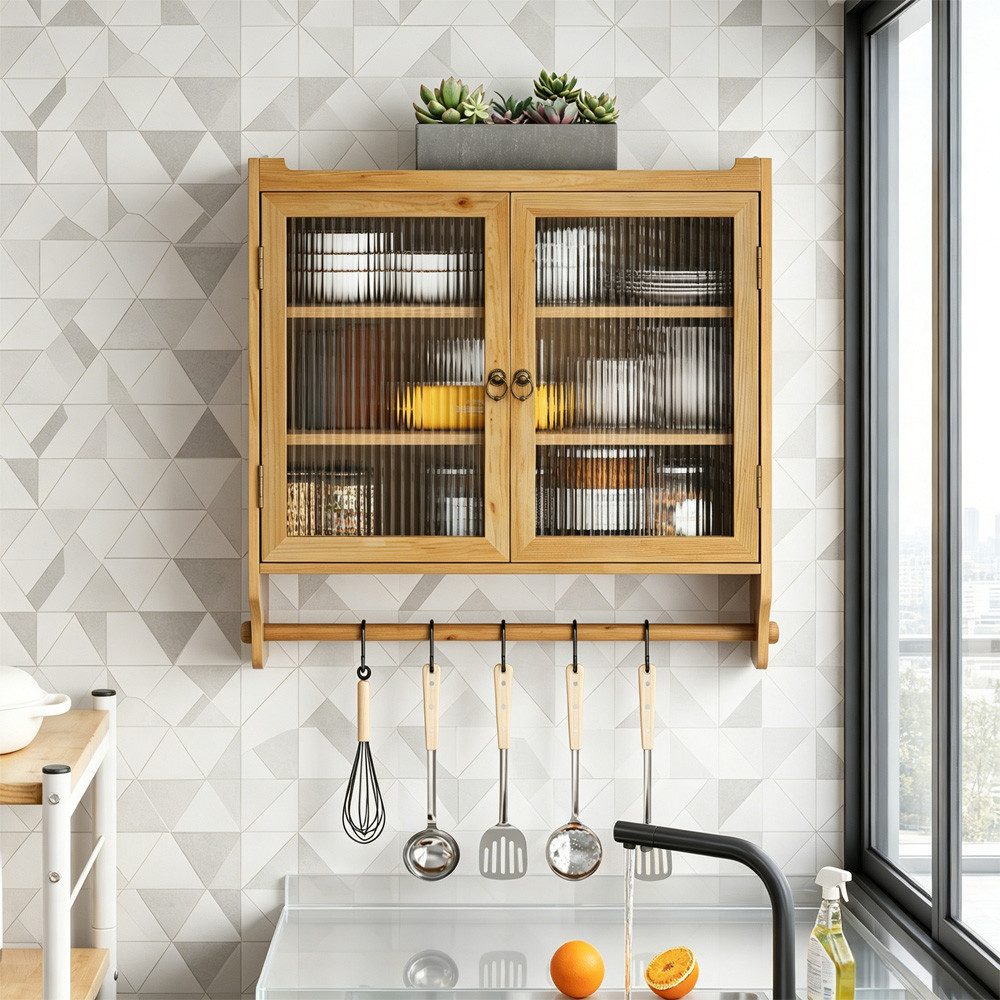 MODFU Hängeschrank Zweitüriger Wandschrank 70 cm,Stauraumschrank Hängevitrine (Vintage Glas-Wandregal mit Doppelglastüren und 3 Regalen – Wandmontage für Badezimmer, Küche, Esszimmer – Praktischer Handtuchhalter und Stauraum in Naturholzoptik) Gewichtskapazität: 5 kg pro Regal