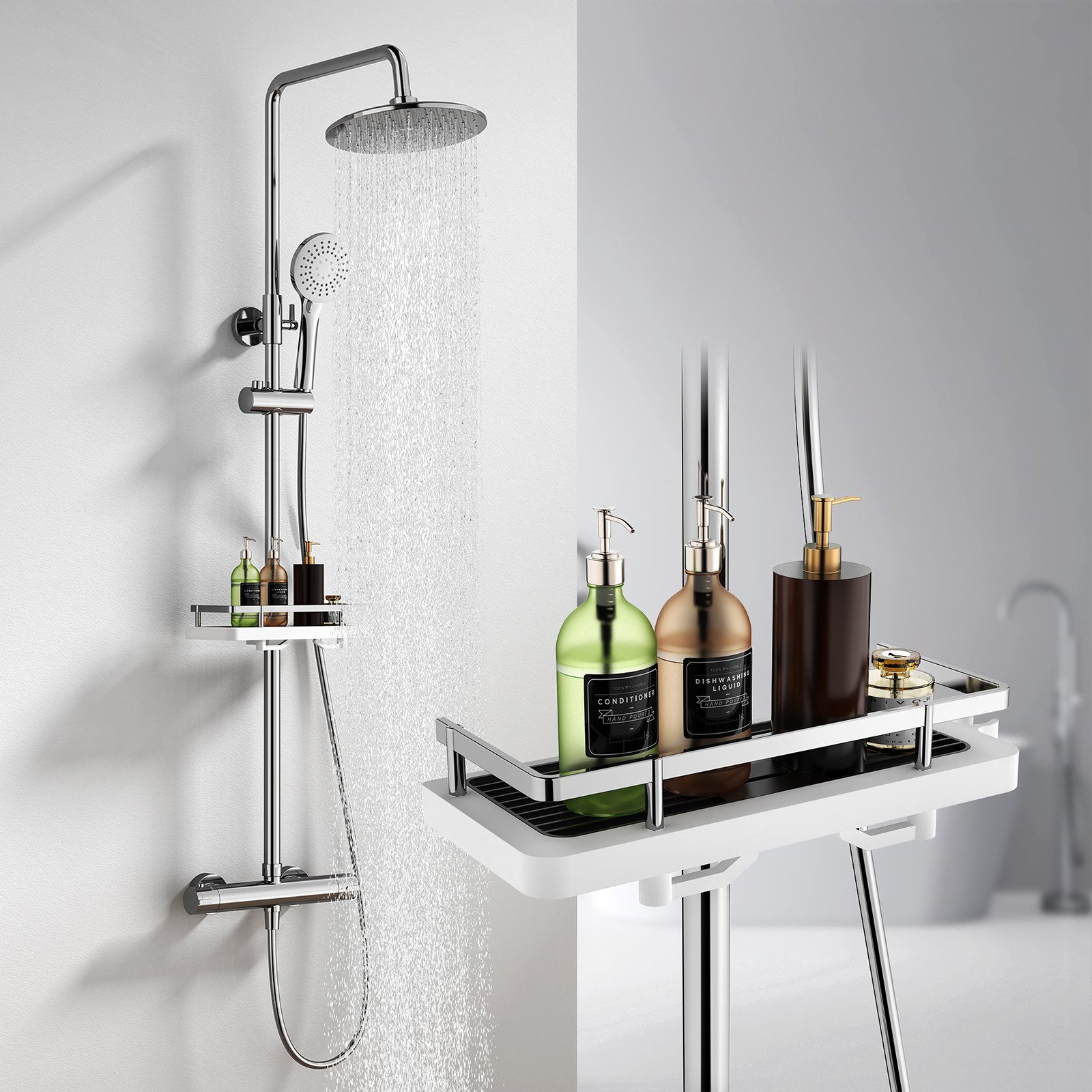 HOMELODY Duschsystem mit Thermostat und Duschablage - Duscharmatur Komplettset schwarz, 2 Strahlart(en), Set, Funktional und hochwertig – für ein rundum perfektes Duscherlebnis., mit runder Regendusche, 3-Strahl-Handbrause, 38 °C Sicherheitssperre