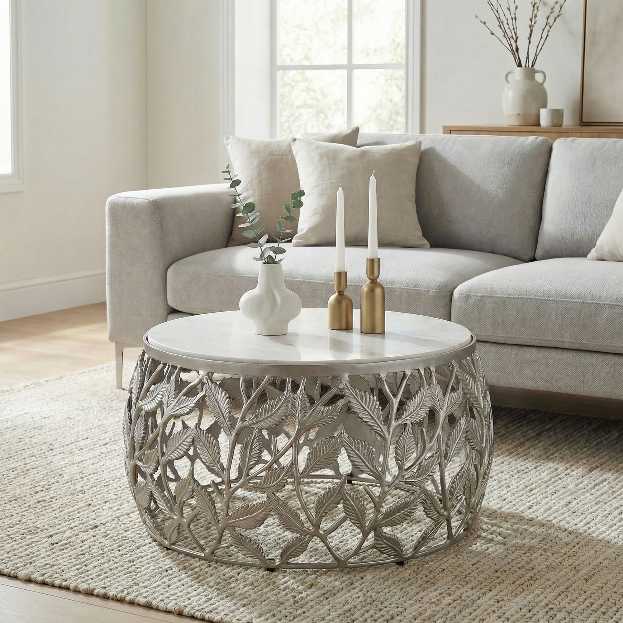 FINEBUY Couchtisch FB73714 60cm Silber Marmor Sofatisch Beistelltisch Wohnzimmertisch Alu (Natürliche Materialien treffen auf modernes Design), Runder Tisch mit stilvoller und stabiler Bauweise