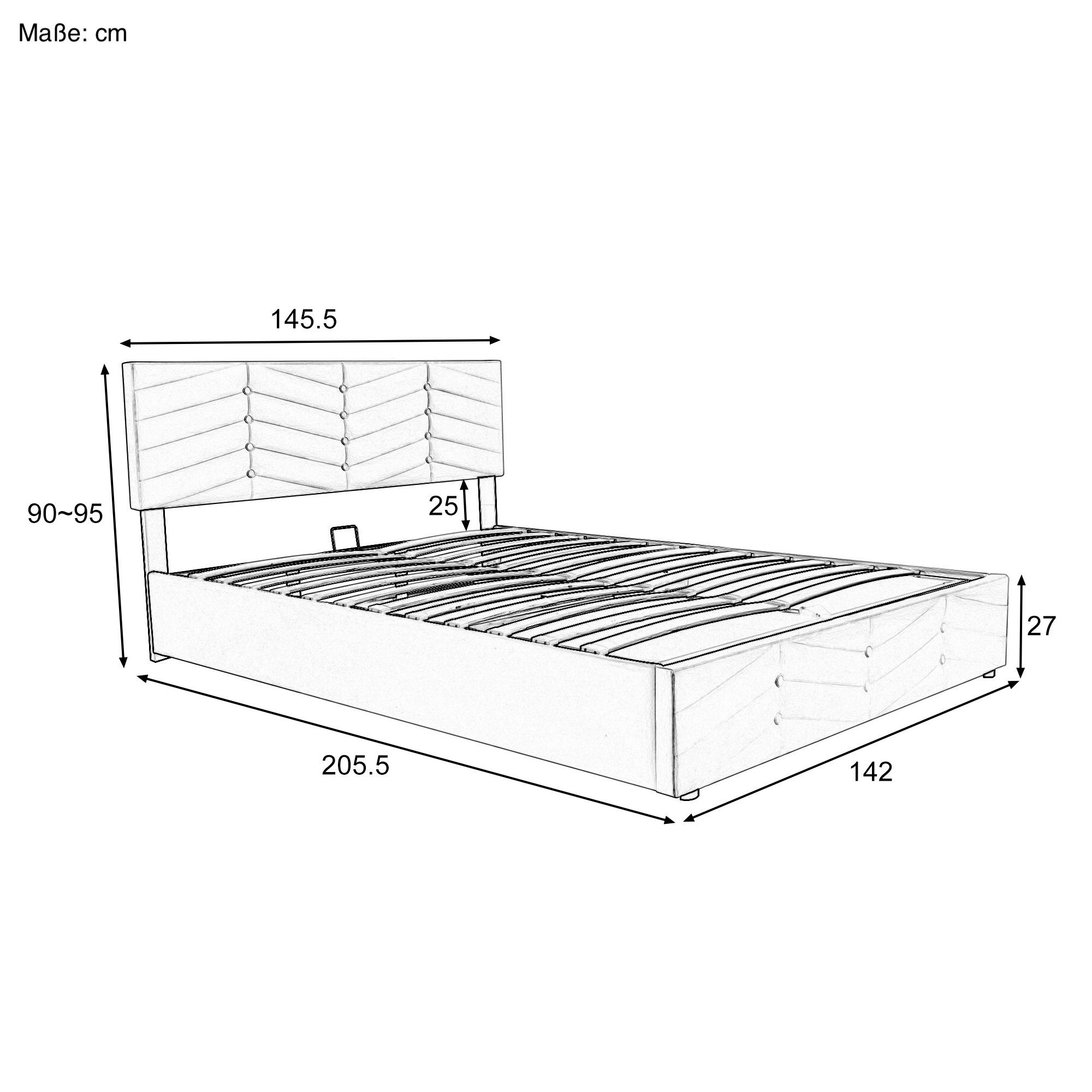 mit (Doppelbett cm), gepolsterter aus SOFTWEARY Samt 140x200 Bettkasten, und Kopfteil höhenverstellbar, Bezug Polsterbett beige Lattenrost