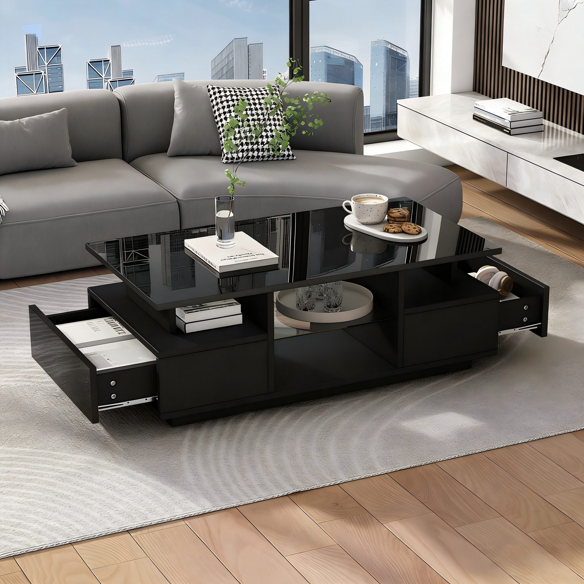 REDOM Couchtisch mit LED-Beleuchtung & transparenten Glasablagen (Packung, 1-St., Elegant als Tee-, Kaffee- oder Wohnzimmertisch einsetzbar), 100x50x36 cm in Schwarz, mit 2 Schubladen & offenem Stauraum