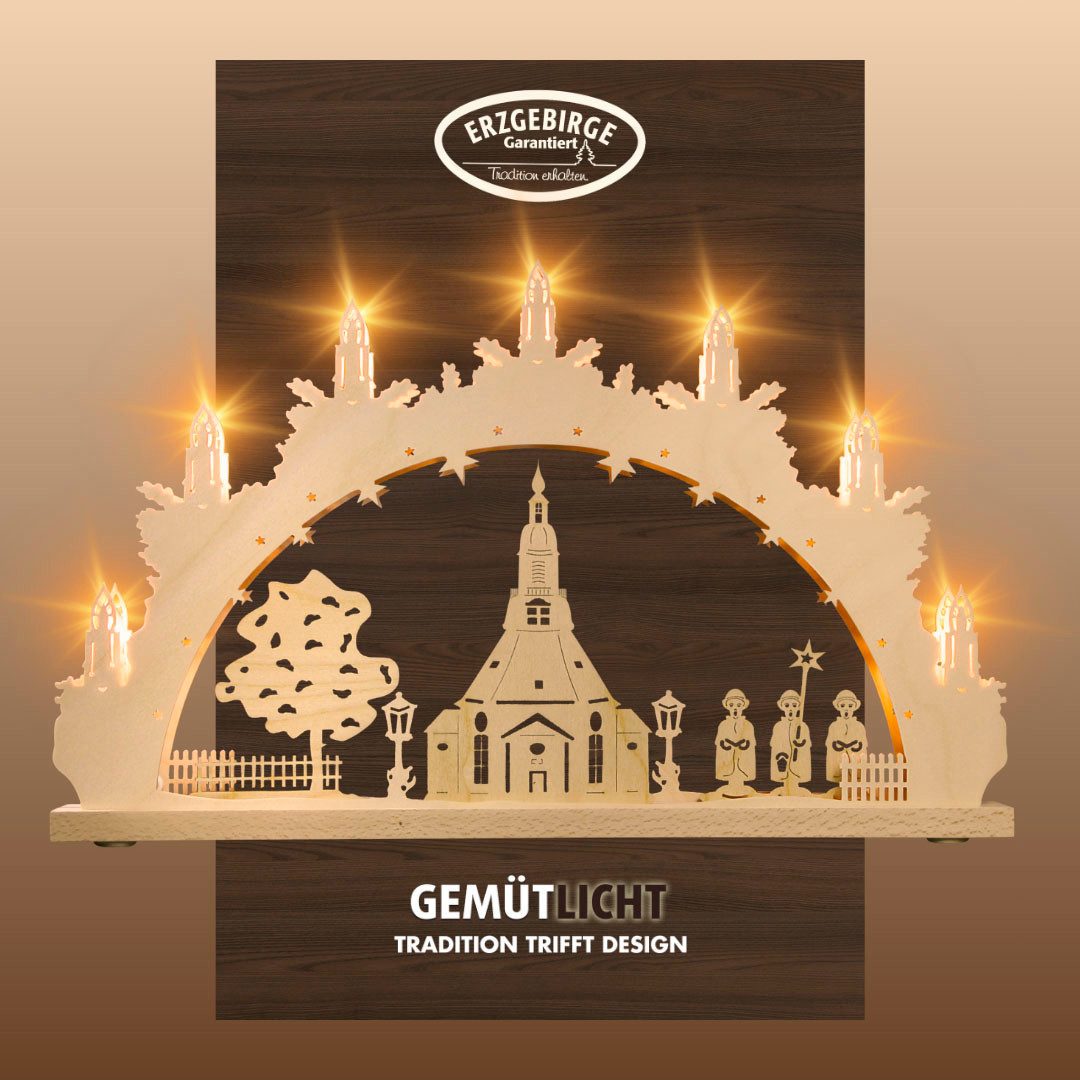 Weigla LED Schwibbogen Seiffener Kirche, Lichterbogen aus Holz, NATUR, Made in Germany (1-tlg), Erzgebirge garantiert, Weihnachtsdeko Innen, Weihnachtsbeleuchtung