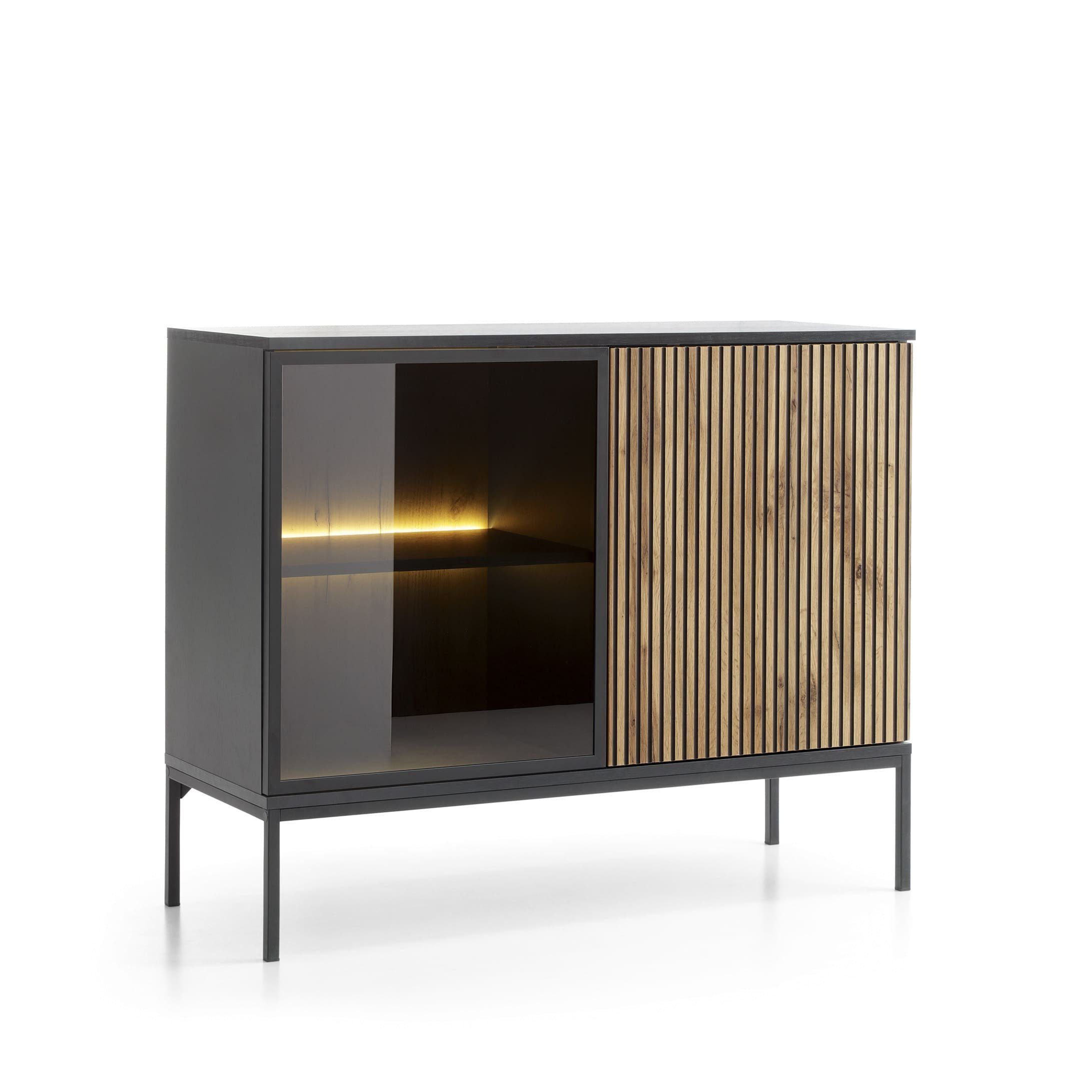 MOEBLO Kommode Sentino S104 LED (Eiche wotan Sideboard Wohnzimmer Kommode Schlafzimmer Komodenschrank Highboard, Kommode mit gefräster Front und LED-Beleuchtung), (HxBxT):83x104x39cm