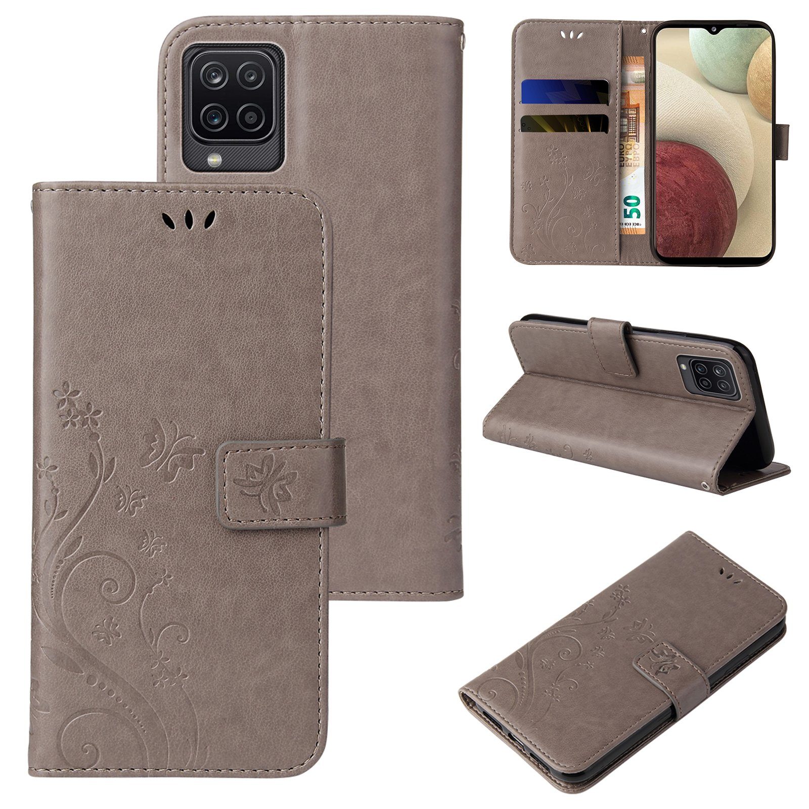 Tec-Expert Handyhülle Cover Tasche Hülle für Samsung Galaxy A12 6,5 Zoll, Klapphülle Case mit Kartenfach Fliphülle aufstellbar, Motiv Blumen
