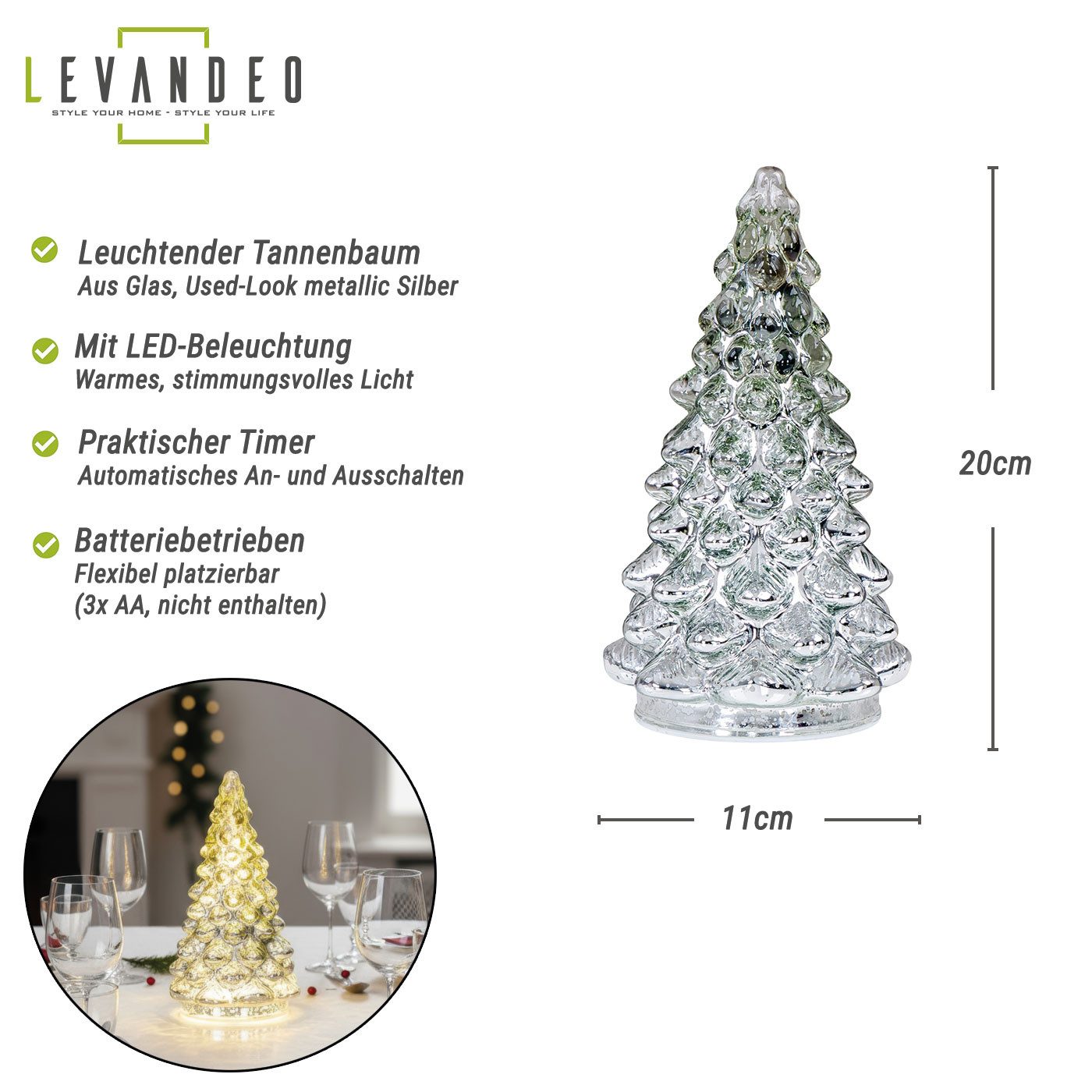 Levandeo® LED Dekoobjekt, LED Weihnachtsbaum Silber H20cm Glas Weihnachtsdeko Beleuchtung