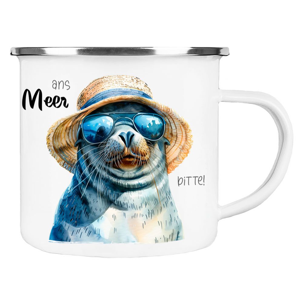 Cadouri Tasse ANS MEER BITTE! Camping Emaille Tasse, Campingtasse, Metall, Campingbecher, Kaffeetasse, Seelöwe, maritim, Geschenk, 300 ml