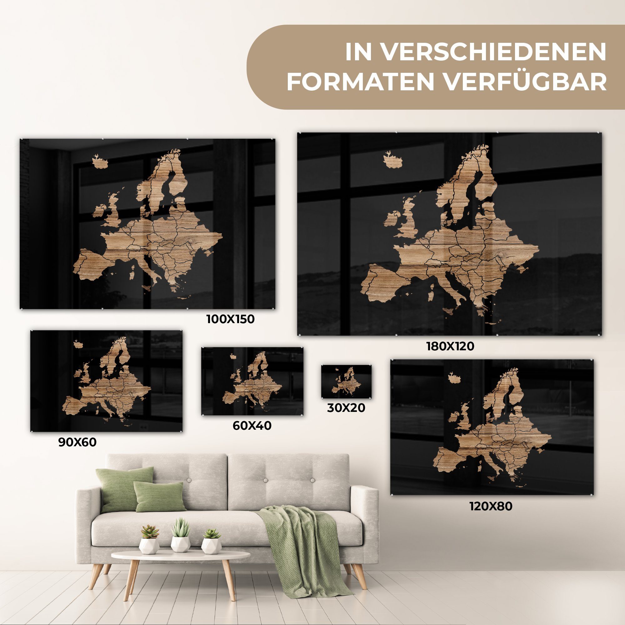 Europa Karte - Schwarz, MuchoWow Holz von & Acrylglasbilder St), - (1 Schlafzimmer Wohnzimmer Acrylglasbild