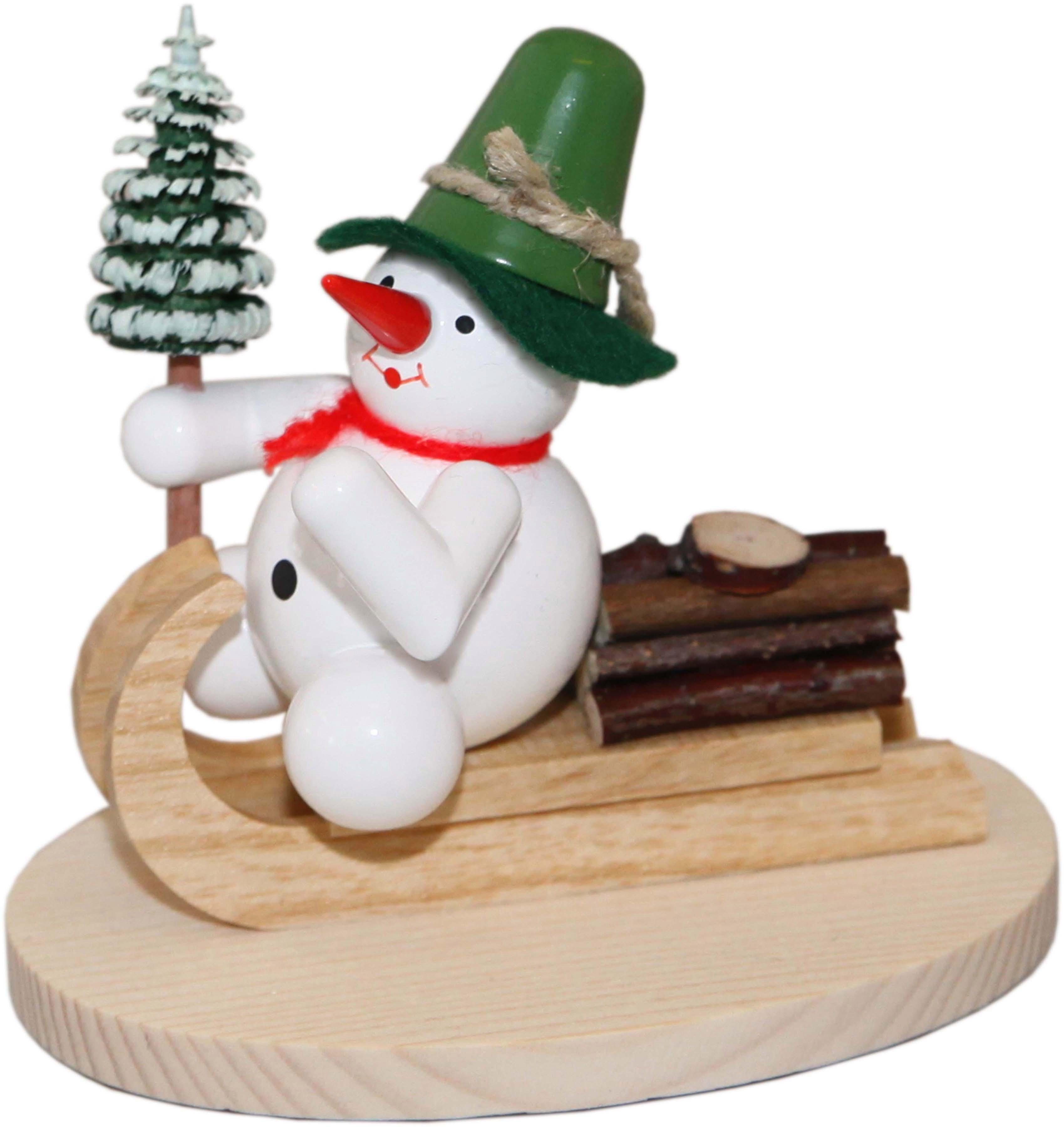 Albin Preissler Schneemann Schneemann auf Holzschlitten, Handwerkskunst aus dem Erzgebirge