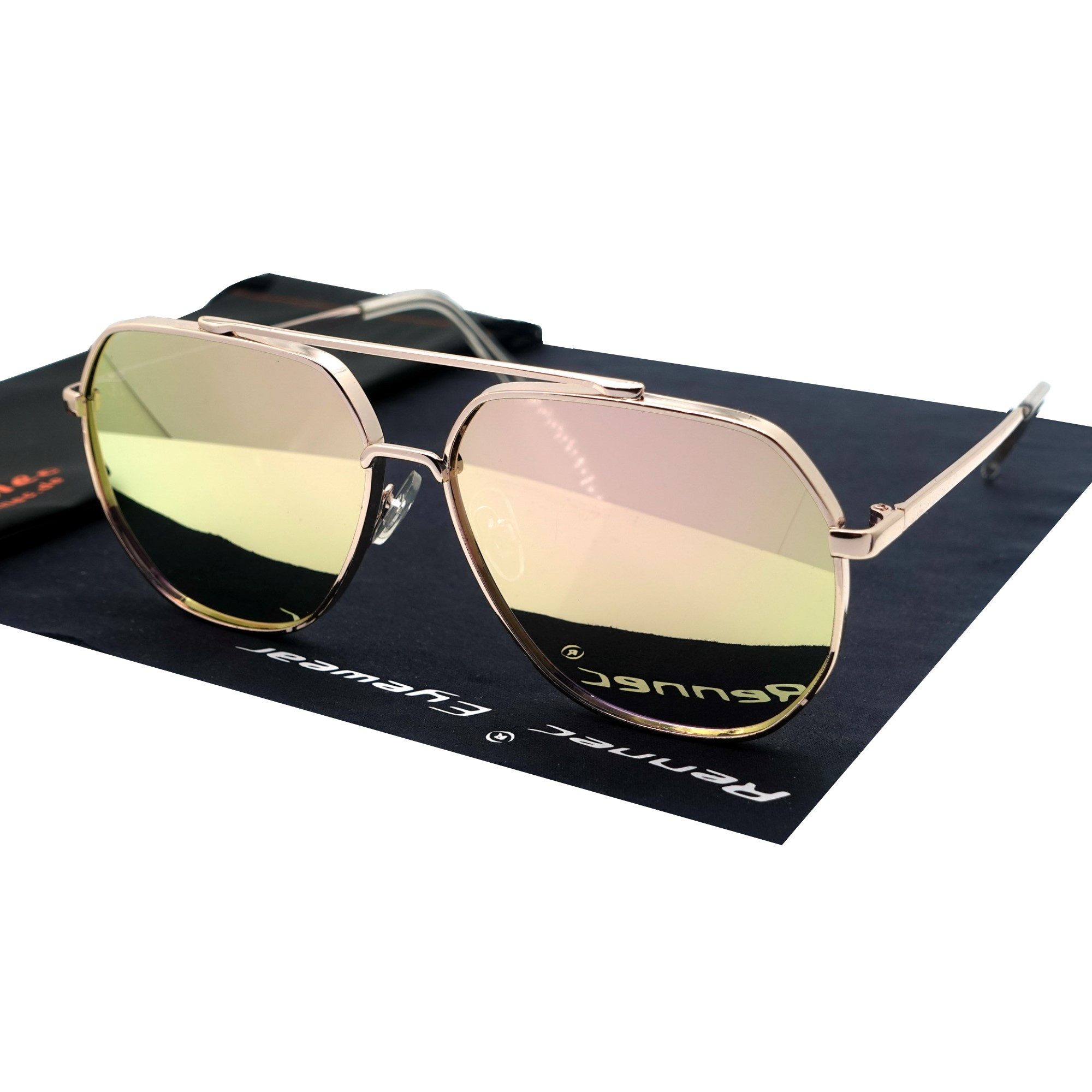 Rennec Sonnenbrille Damen Pilotenbrille Groß Oversize Gläser Rosa Verspiegelt Oversize Brille Gold farbend, Flachglas, Festivalbrille