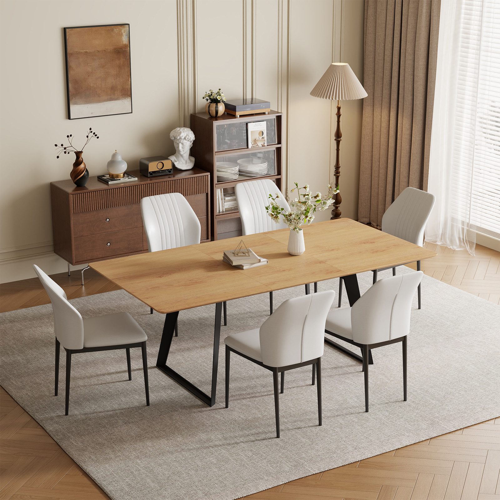 Jiexi Essgruppe Tisch-und Stuhlset, Ausziehbarer Esstisch (130–170 cm) mit 4-6 Stühlen