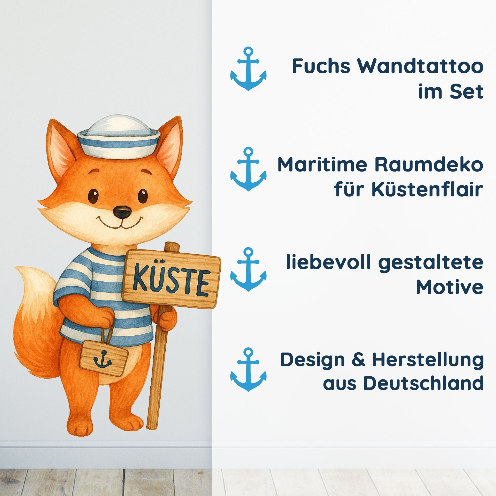 Sunnywall Wandtattoo Aufkleber Maritim Fuchs - maritime Wanddeko für Kinderzimmer, selbstklebend, konturgeschnitten, rückstandslos entfernbar