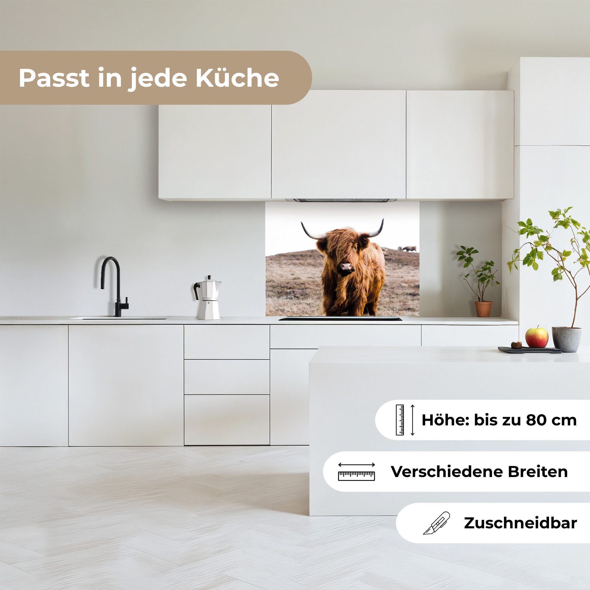 KitchenYeah Küchenrückwand selbstklebend Schottische Highlander - Landschaft - Kuh - Braun - Tier, (1-tlg), Spritzschutz, Küche, Rückwand, Küchenwand, Küchenfront, 80x60 cm