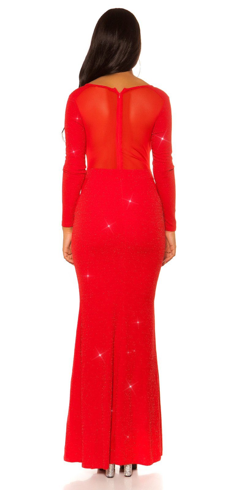 rotsilber Einsätzen Maxikleid Look mit Red Abendkleid im Mesh glitzerndes Carpet Koucla