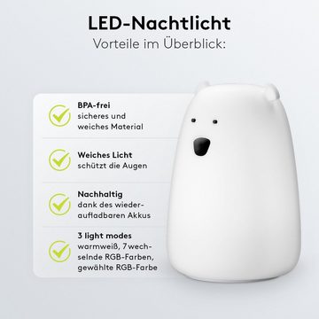 Goobay LED Nachtlicht LED Einschlafhilfe mit Farbwechsel für Babys, LED fest integriert, Warmweiß, Farbwechsler, Li-Ion-Akku / 3 Leuchtmodi / Touch-Sensor / Weiches Silikon