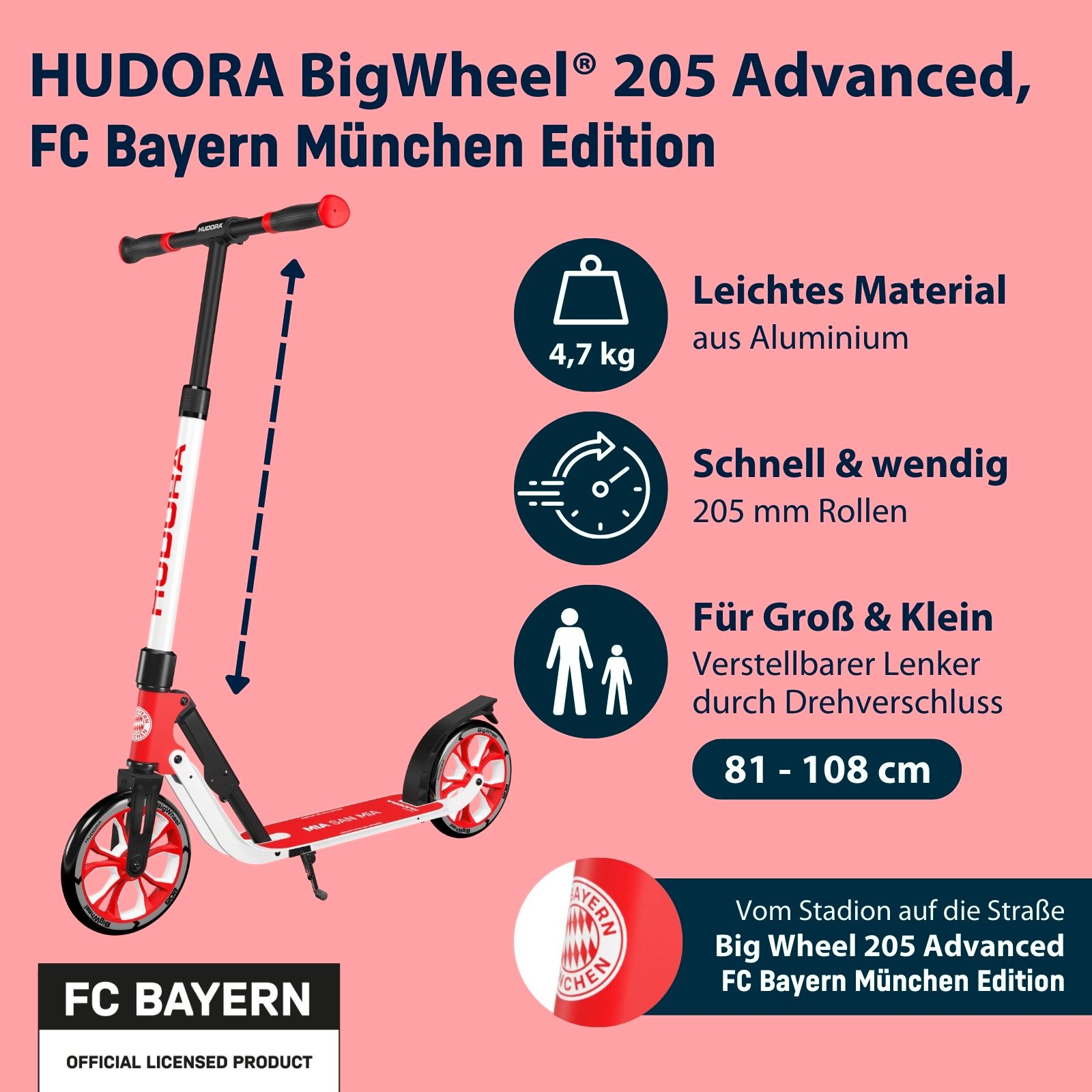 Hudora Cityroller BigWheel® 205 Advanced, Lizenzierter FC Bayern München Fan-Scooter, bis zu 100 kg - Höhenverstellbar- Zusammenklappbar