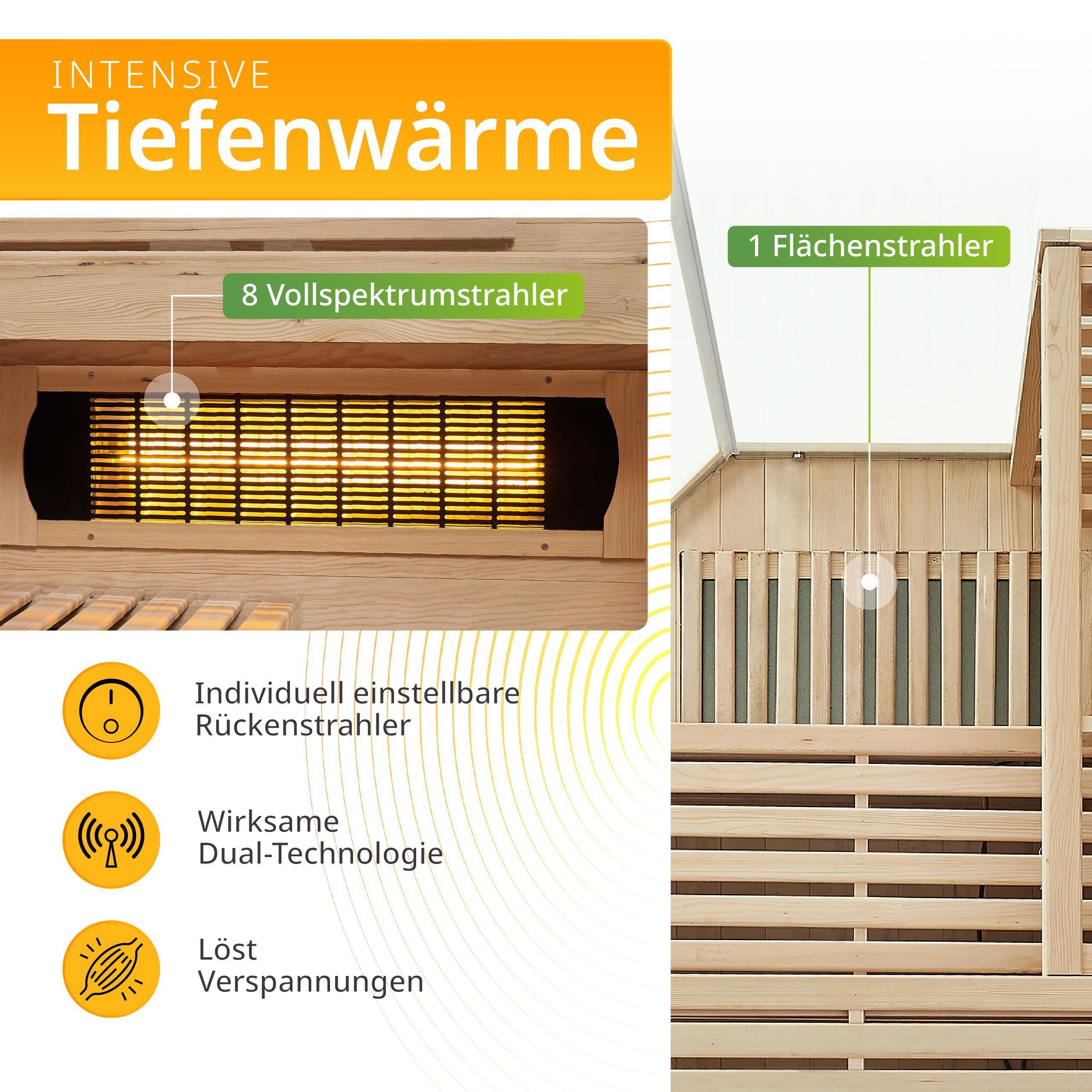 Artsauna Infrarotkabine Kiruna150 Dual Technologie, für 3 Personen, Hemlock-Holz, HiFi-System, Ionisator, LED-Farblicht