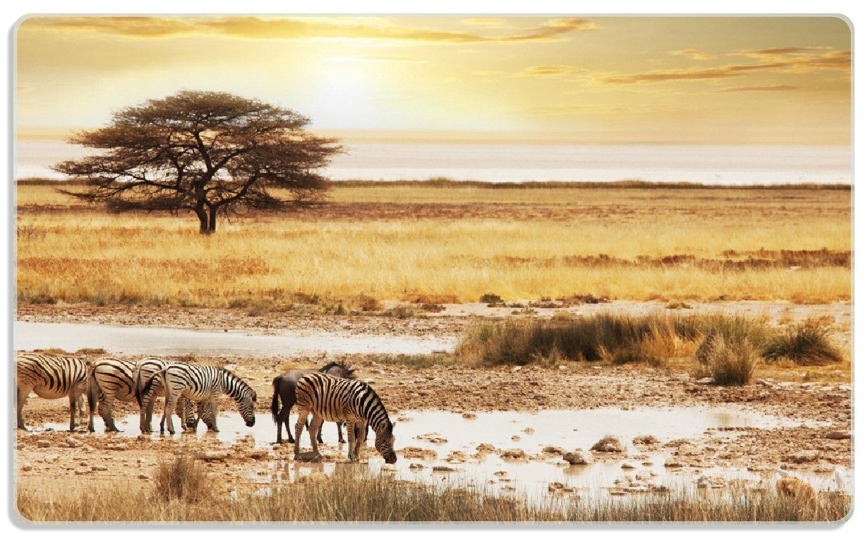 Wallario Frühstücksbrett Safari in Afrika eine Herde Zebras am Wasser, ESG-Sicherheitsglas, (inkl. rutschfester Gummifüße 4mm, 1-St), 14x23cm | Frühstücksbrettchen