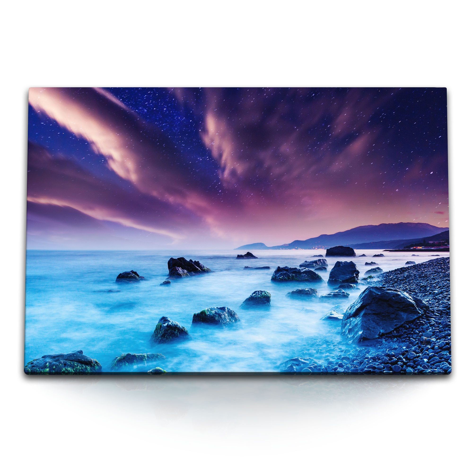 Leinwandbild 120x80cm Wandbild auf Leinwand Strand bei Nacht Sternenhimmel Dunkelbl