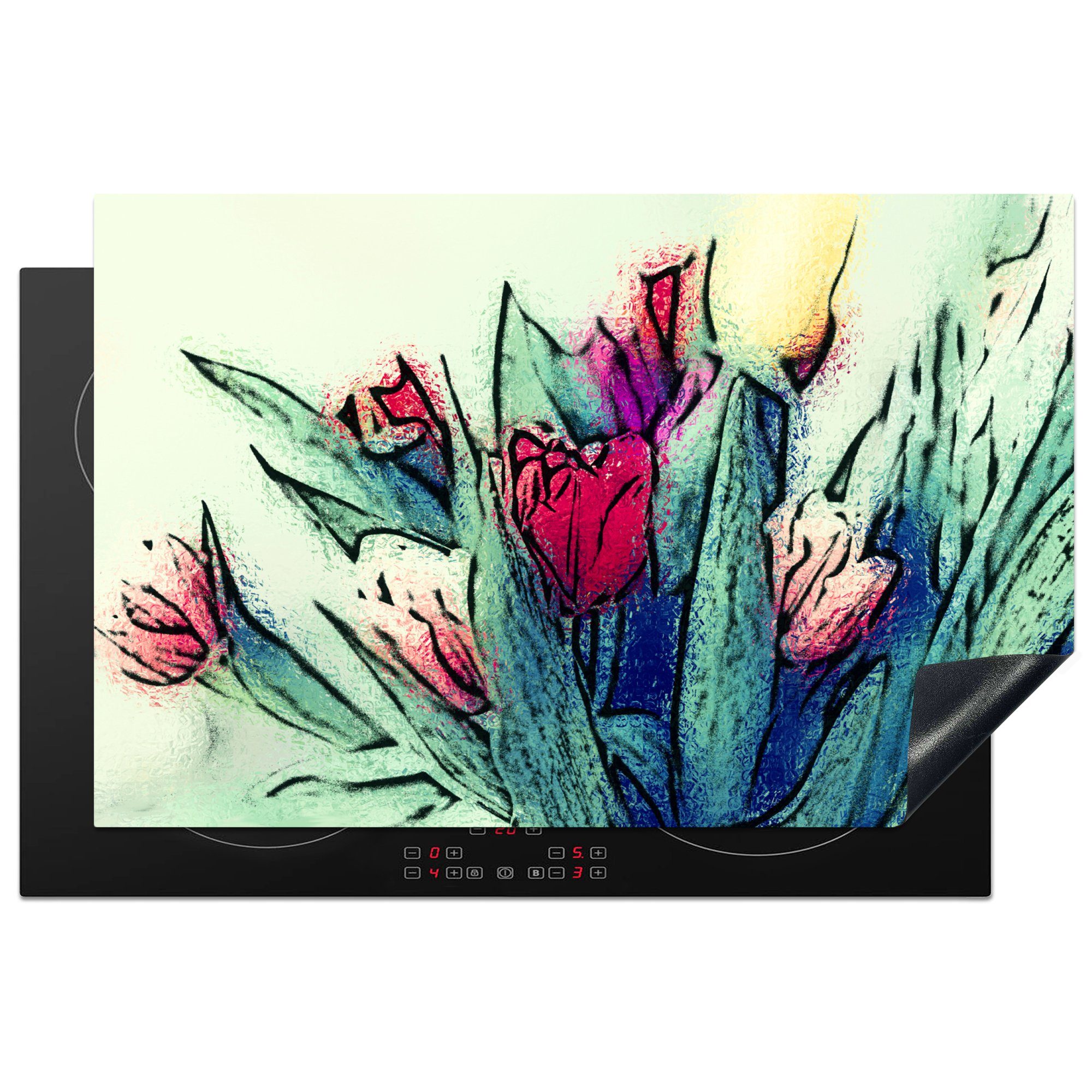 Herdblende-/Abdeckplatte küche, Vinyl, Blumen Tulpen Schutz 81x52 die für - MuchoWow - cm, tlg), Induktionskochfeld Blätter Ceranfeldabdeckung - (1 Aquarell,