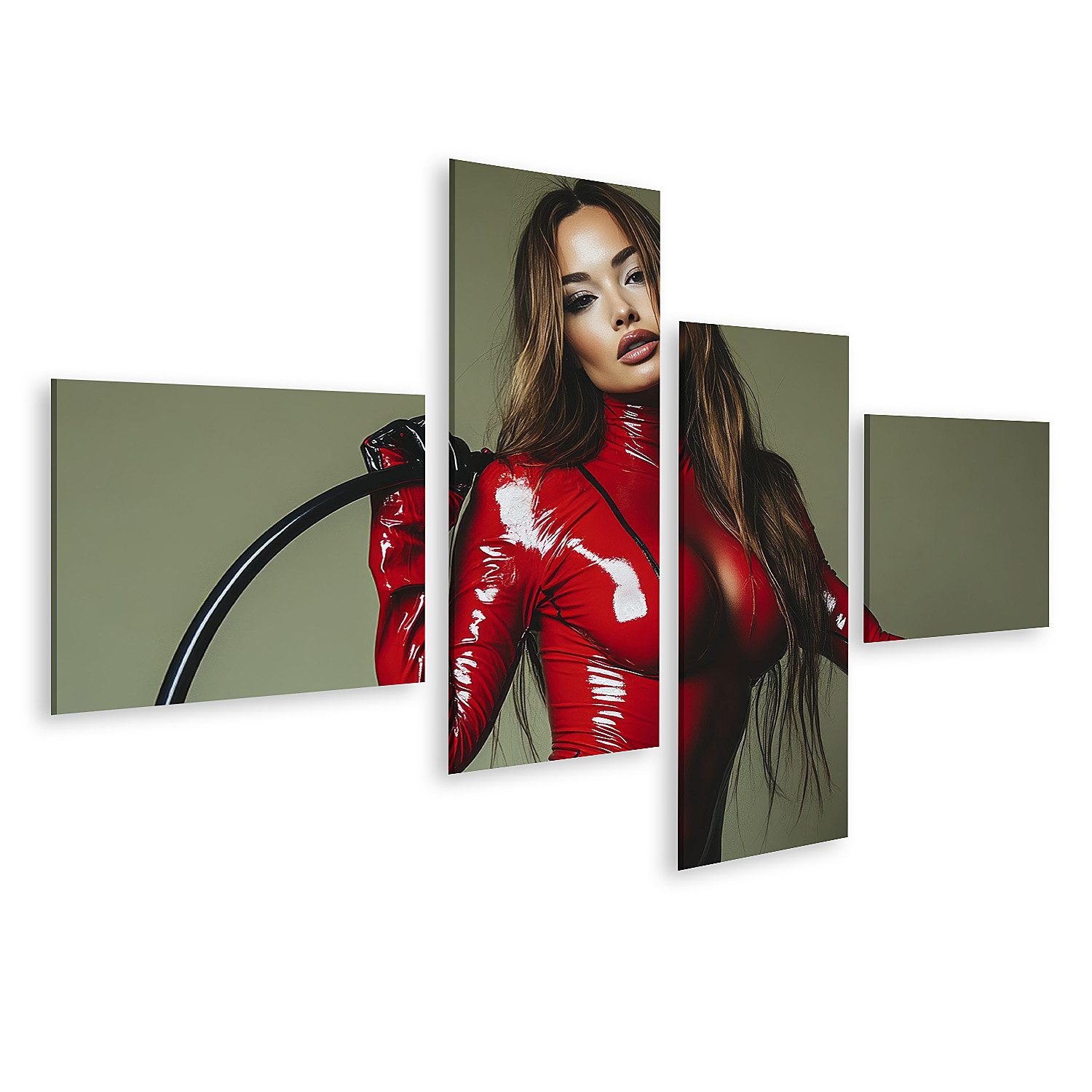 islandburner Leinwandbild, Frau in rotem Latexanzug mit Peitsche (2)