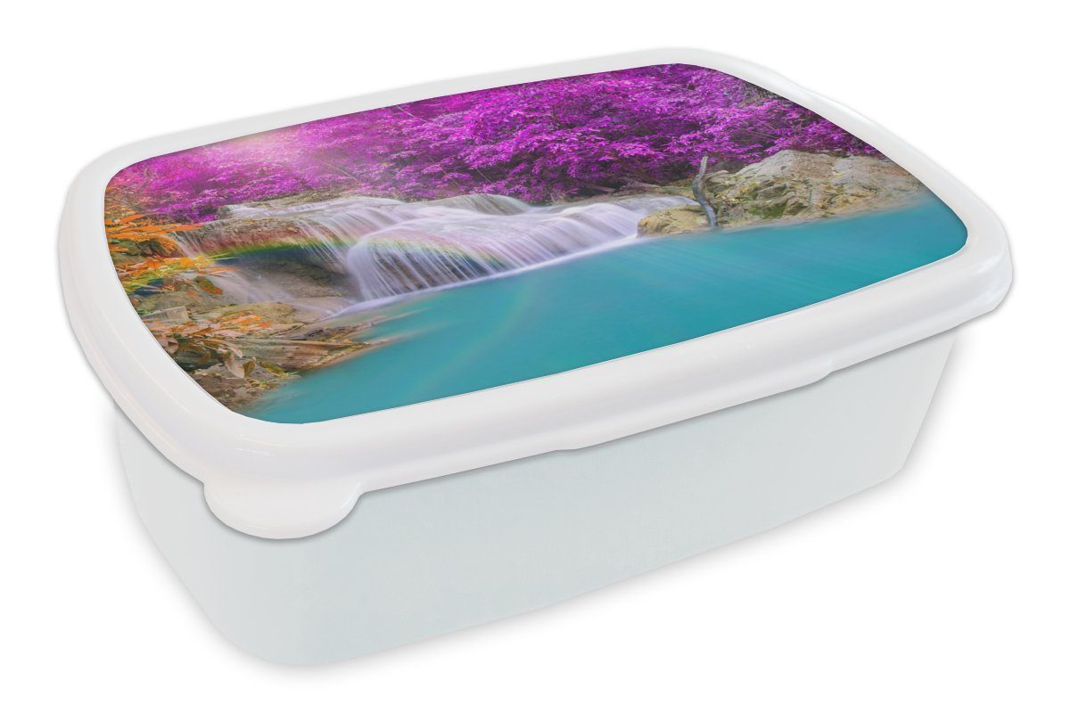 MuchoWow Lunchbox Wasserfall - Bäume - Regenbogen - Lila, Kunststoff, (2-tlg), Brotbox für Kinder und Erwachsene, Brotdose, für Jungs und Mädchen weiß