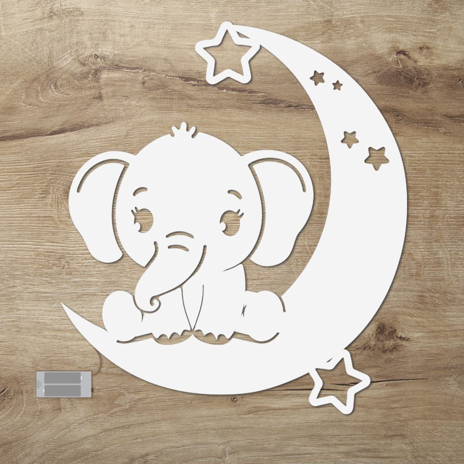Namofactur LED Wandleuchte Baby Elefant auf Mond - Schlaflicht mit Elefanten Motiv für Kinder, Ohne Zugschalter/Stern, LED fest integriert, Warmweiß, Wanddekoobjekt, Wohnzimmer Leuchte, batteriebetrieben