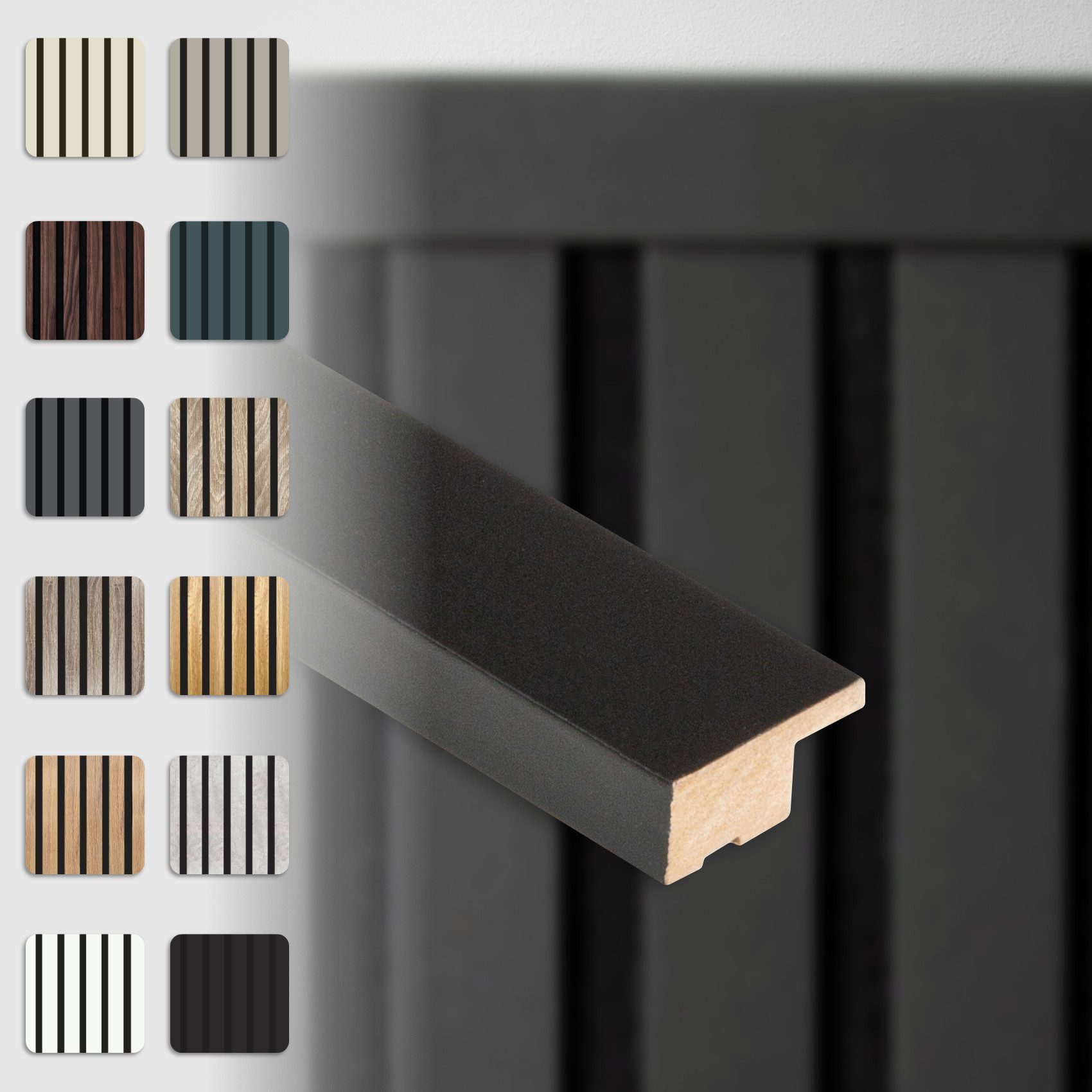 Hexim Wanddekoobjekt (Abschlussleiste 137,5x2,7cm passend für unsere Akustikpaneele - flexible Lamellenwand Holz MDF Wandpanelee Lamellenverkleidung Wandverkleidung (1 Abschlussleiste Black Edition - APAH12)