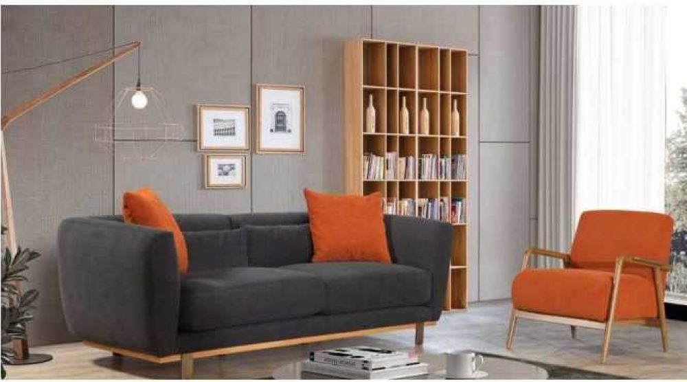 (2-St), Europa JVmoebel Sessel, Dreisitzer in Grau-Orange Wohnzimmer-Set Couch Sofagarnitur Made Luxus