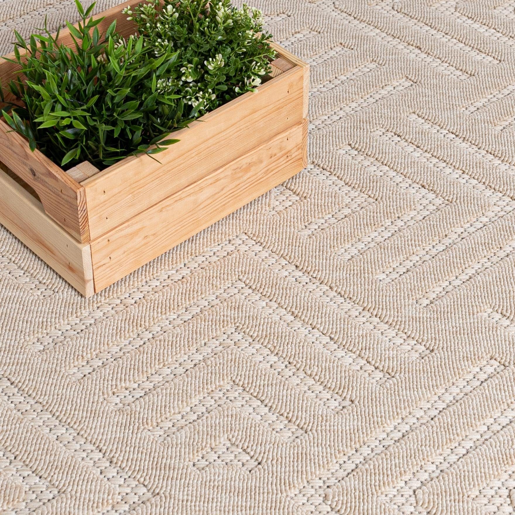 Mazovia Designteppich In- & Outdoor Teppich Wetterfest & UV-beständig Balkon - Beige Cream, 60 x 100 cm, Höhe 6 mm, Kurzflor, Weich, Pflegeleicht, Flachgewebe