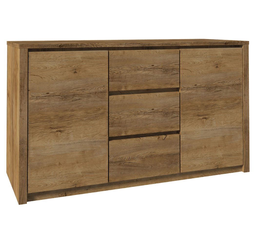 Feldmann-Wohnen Kombikommode Montana (2 Türen, 2 Einlegeböden, 3 Schubladen, 1 St., moderne Holzoptik, Griffmulden), 140x43x79cm Eiche Lefkas