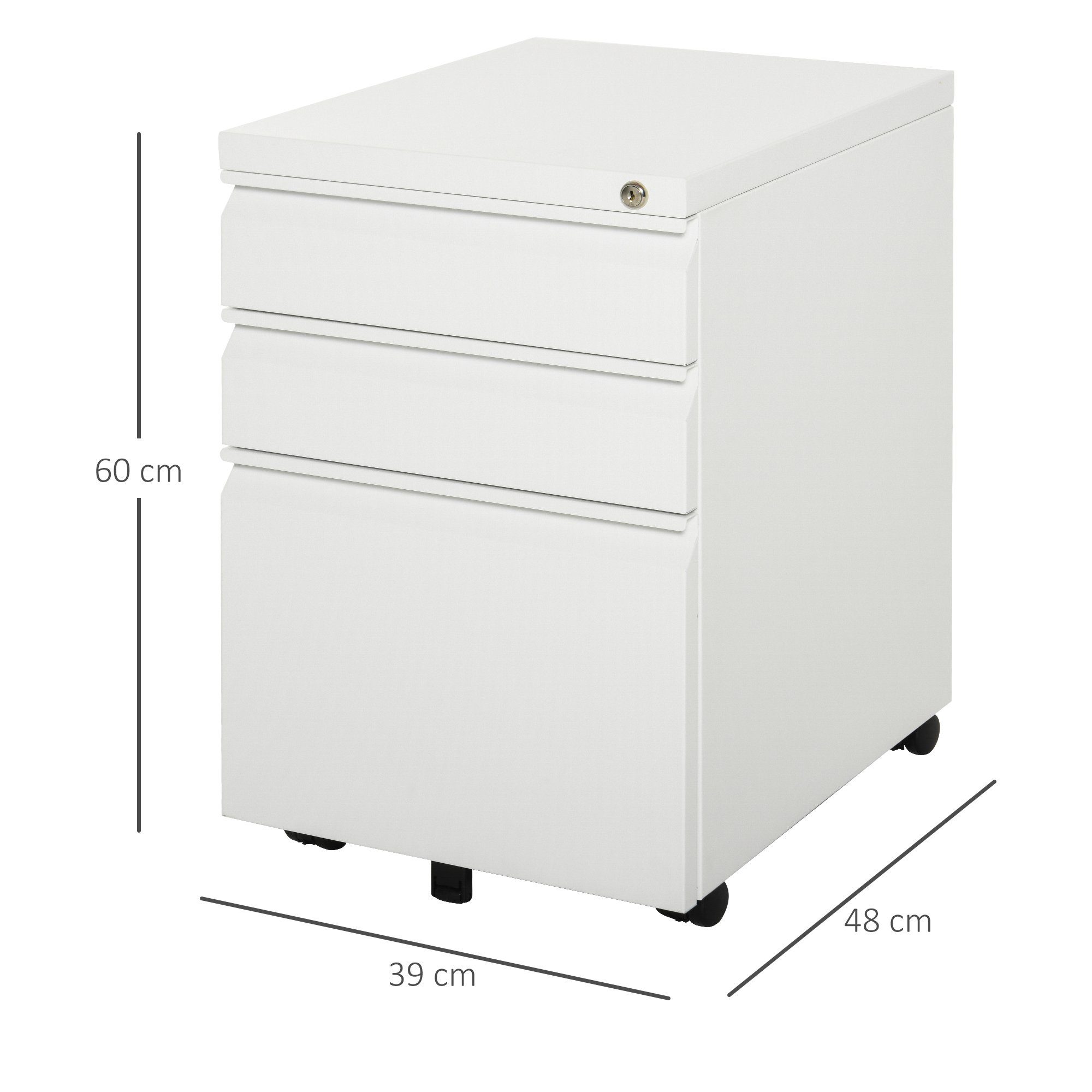 Vinsetto Rollcontainer Aktenschrank mit 3 Schubladen, Büroschrank mit Rollen abschließbar, (Büroschrank, 1 St., Bürocontainer), Stahl Weiß 39 x 48 x 60 cm