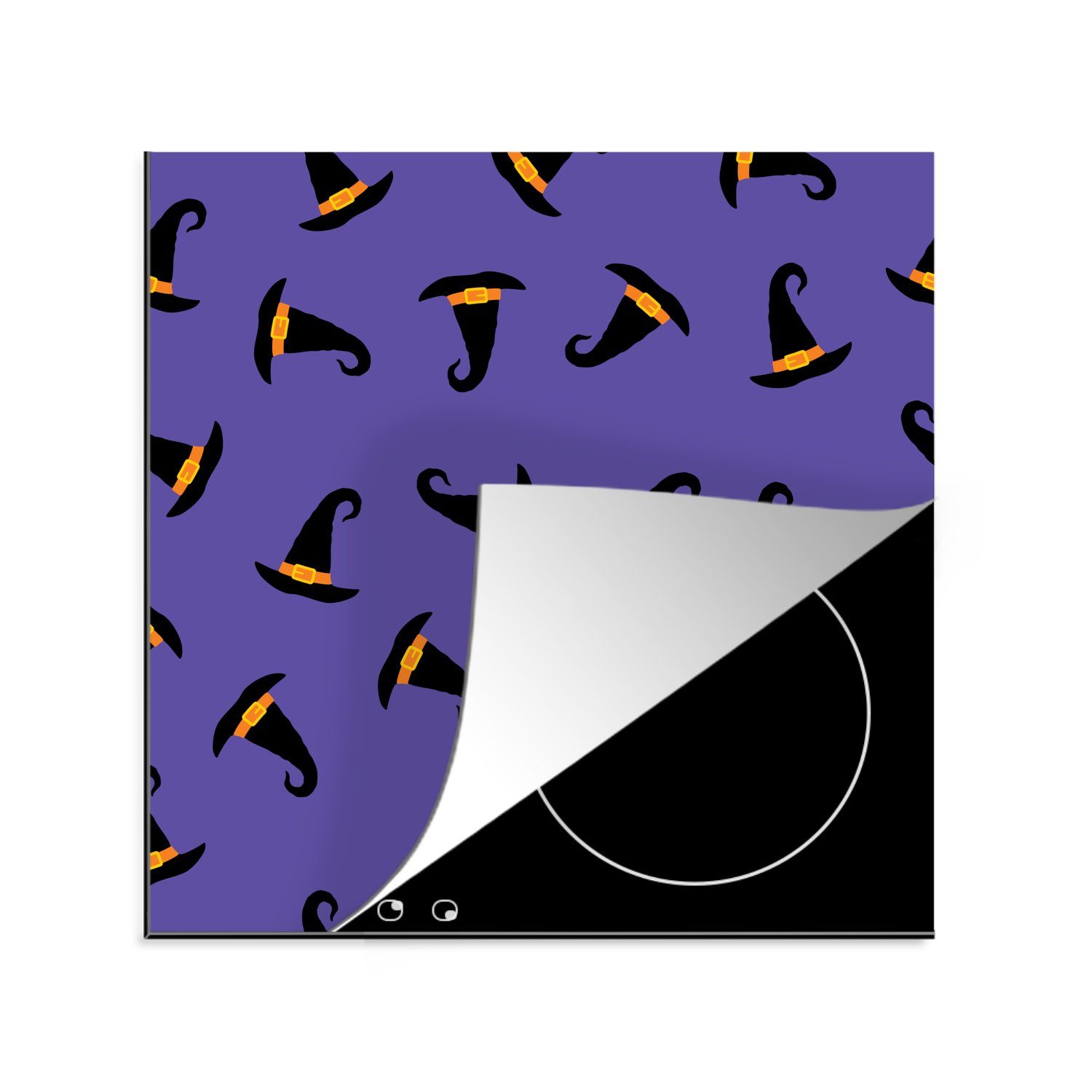 MuchoWow Herdblende-/Abdeckplatte Halloween-Muster mit schwarzen Hexenhüten, Vinyl, (1 tlg), 78x78 cm, Ceranfeldabdeckung, Arbeitsplatte für küche