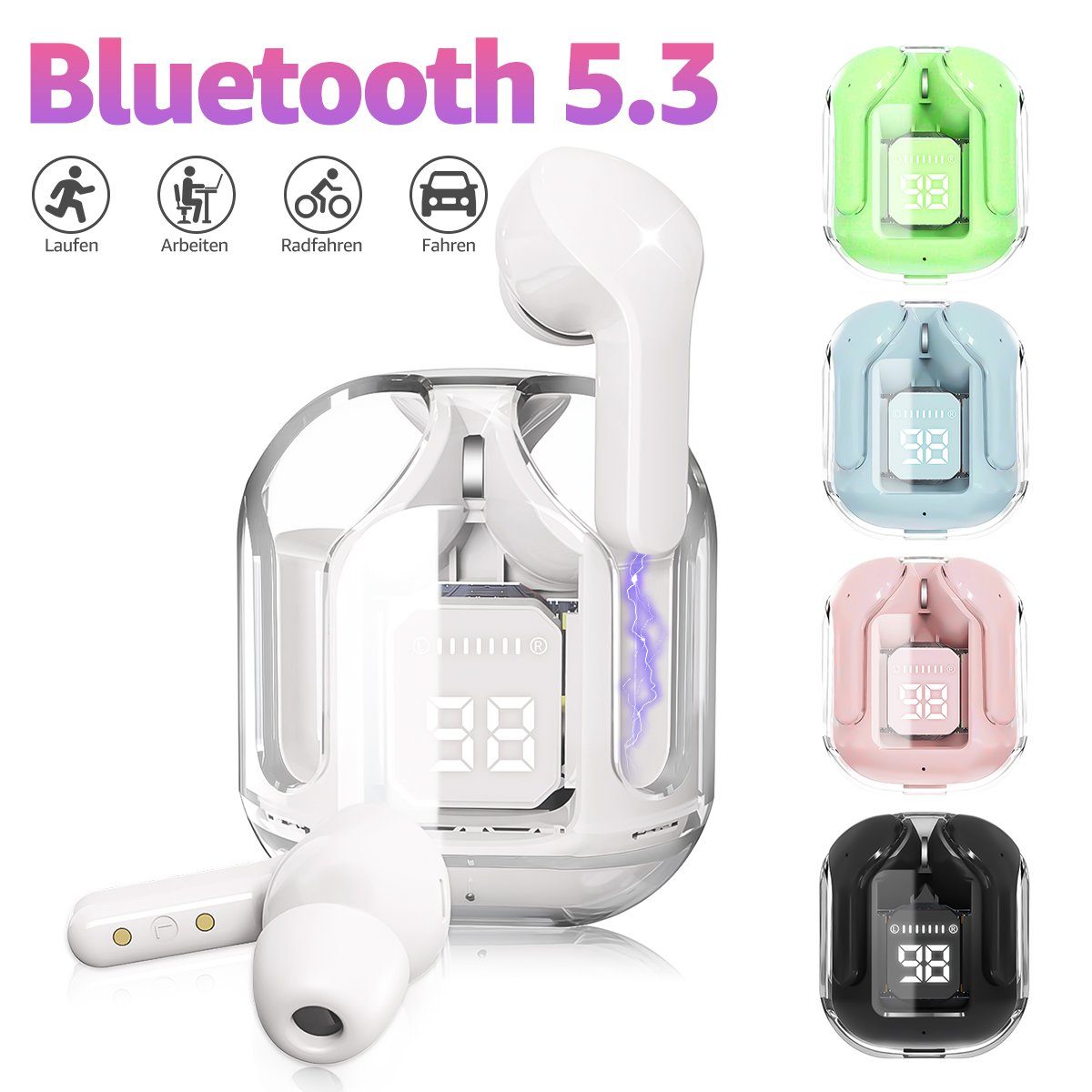 Bluetooth Std Kopfhörer, Ladebox) Kopfhörer Ear wireless Bluetooth LED 5.3 Wasserdicht Weiß (Kabellose Earbuds In 25 Wireless IPX7 Stereo Kopfhörer HiFi-Kopfhörer, MOOHO Anzeige Sport-Kopfhörer Mini