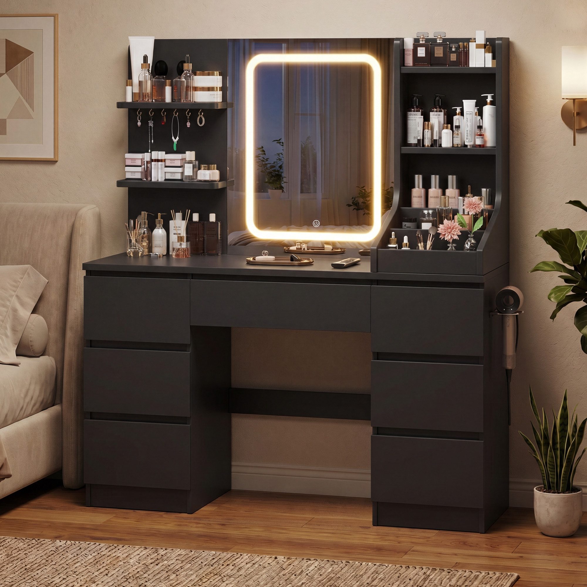 HOMALL Schminktisch Spiegel mit LED-Beleuchtung, 7 Schubladen (Maße: 110 × 40 × 139 cm, drei einstellbare Farbtemperaturen, mit 8 offenen Ablagefächern, 6 Schmuckhaken, 2 Steckdosen, 1 USB-Anschluss, 1 Typ-C-Anschluss und einer Haartrocknerhalterung)