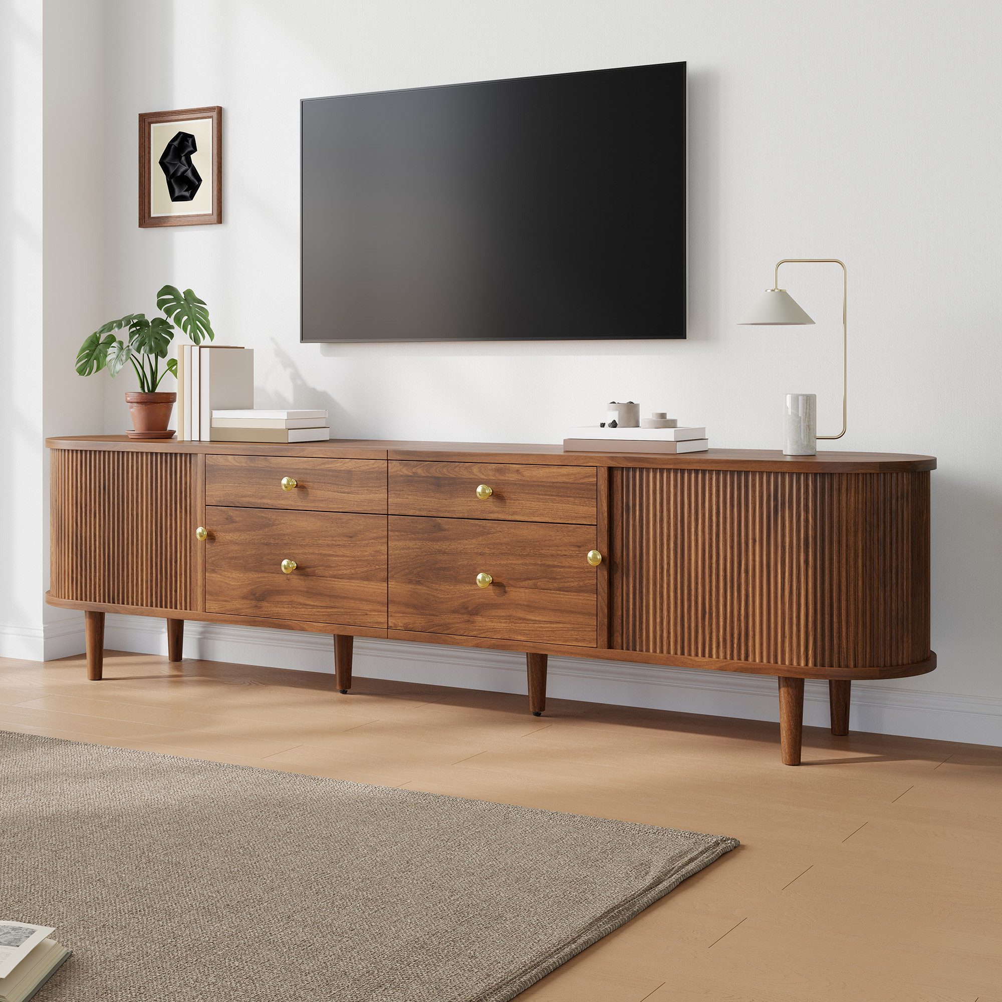 Merax Lowboard mit 2 Schiebetüren, 4 Schubladen, Holzfüßen & Metallgriffen (1 St), TV-Schrank mit abgerundeten Enden, Fernsehbank, 180x35x50cm